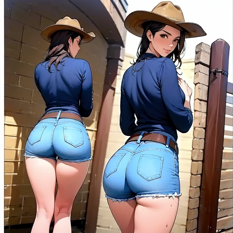 Naughty cowgirl bending over for you looking back and pushing showing off her huge butt I’m white panties with orange polka dots