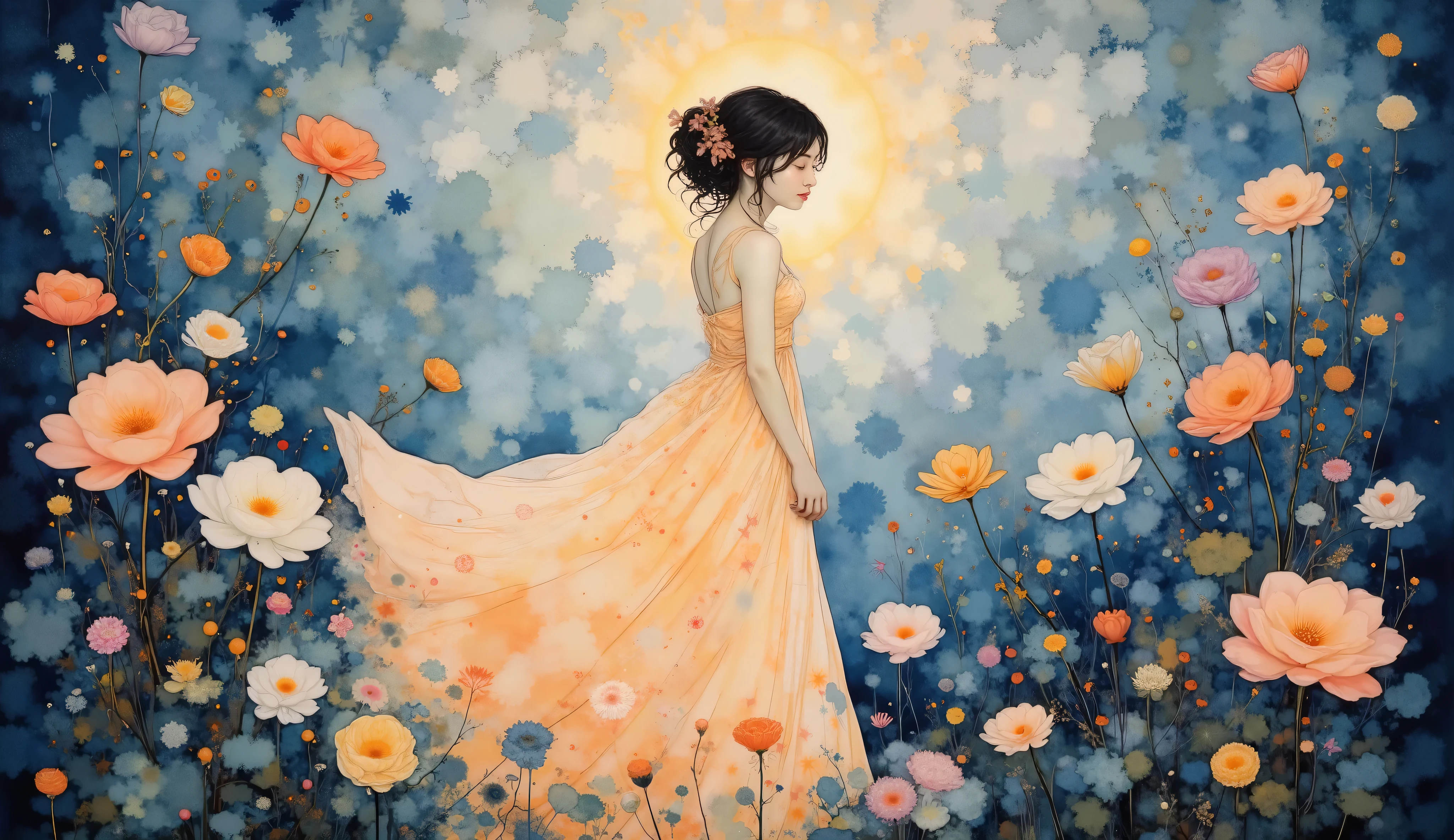 An illustration of an ethereal female figure surrounded by delicate glowing flowers, with a dreamy abstract background blending soft blues and lilacs, creating a magical atmosphere. The light from a golden glow illuminates her flowing dress, casting a radiant shine. The flowers have fine details, vibrant colors, and realistic textures. The scene evokes fantasy, painted in the style of art by Alphonse Mucha, with a soft, pastel color temperature and a glowing light. The atmosphere is otherworldly, with a serene, gentle mood --v 5 --stylize 1000
