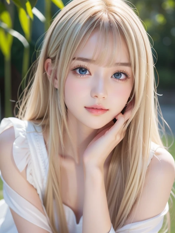 Slender figure、Shiny and beautiful fair skin、Blonde hair changes color when exposed to light、Long bangs block sight、Highlight cheek glow、Sexy and very pretty pretty cute gorgeous face、The most beautiful face in the world、The most beautiful super long gorgeous blonde hair in the world、smooth straight hair、big deal, Bright light blue eyes sparkling、beautiful bangs、13 year old beautiful Swedish cute girl