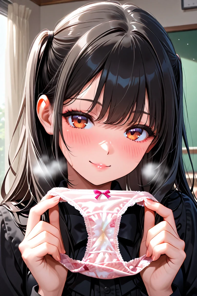 handjob,side view,eye-level shot,face focus,open mouth,tongue out,cum on tongue,lick,(1girl,Beautiful 14 year old girl),((Slender,Small breasts,Baby Face,Small face,)),looking at viewer,Black Hair,bangs,two side up,Gray Eyes,Drooping eyes,slit pupils,narrow eyes,Sheer black and dark pink negligee,Sexy Lingerie,Beautiful and detailed anime art,Mischievous smile,Dimly lit room,Simple Background,Gray background,Low lighting