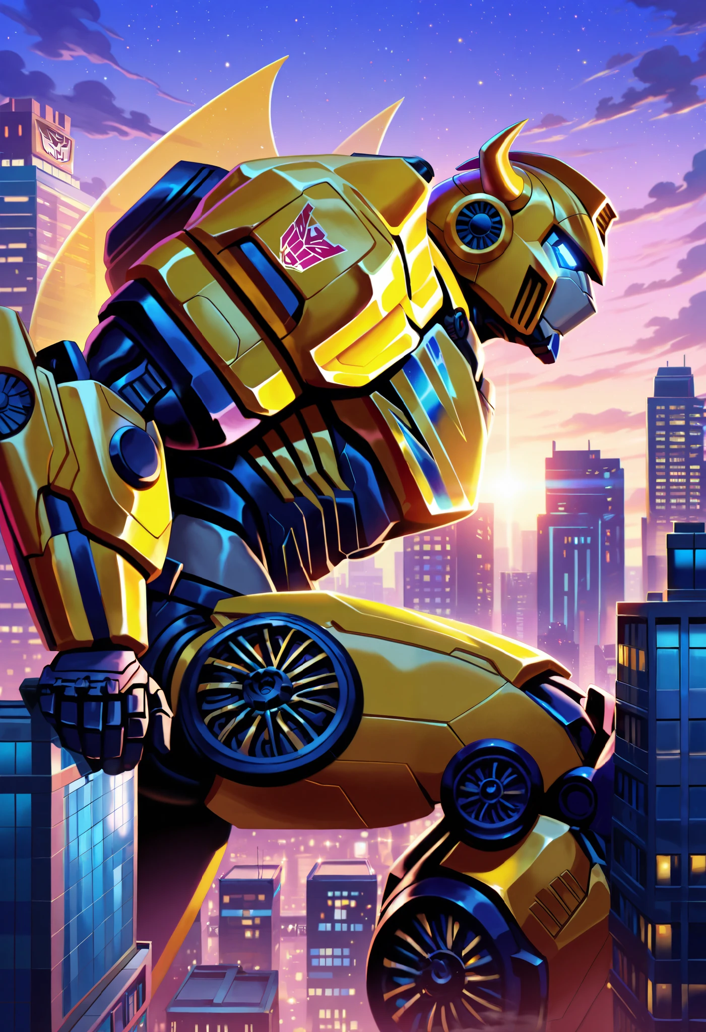 Transformers, muscular Bumblebee, TransformersStyle, macro in a miniscule city, side view