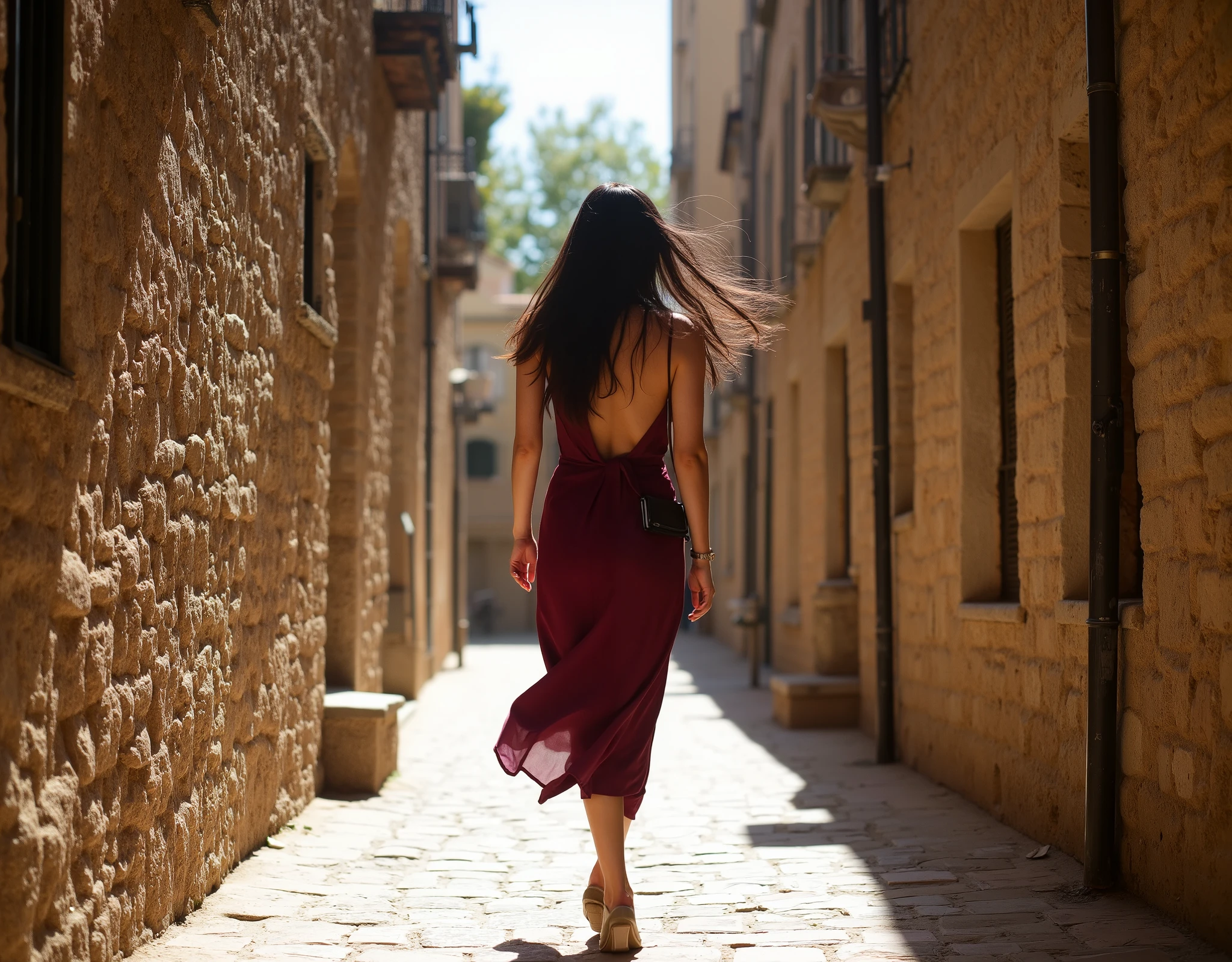Professional photographic shot of a beautiful woman, she has long, flowing black hair and wears a loose summer dress in a deep wine color, with a small crossbody bag hanging at her side. She is walking down a narrow cobblestone street in an old historic district, surrounded by stone buildings with simple windows. The scene is dramatically lit by strong sunlight streaming in from an opening between the buildings, casting bold contrasts of light and shadow. Warm, earthy tones dominate the color palette — beige, brown, and gray, with a subtle touch of green from distant vegetation. The photo is taken from a slightly low angle, emphasizing the depth of the street and guiding the viewer's eye towards the distant background. High contrast lighting highlights the textures of the stone walls and the cobblestones, with a focus on natural light and shadow play. The woman’s figure is elegantly positioned according to the rule of thirds, adding balance to the composition. The atmosphere is both nostalgic and serene, blending realism with artistic flair."