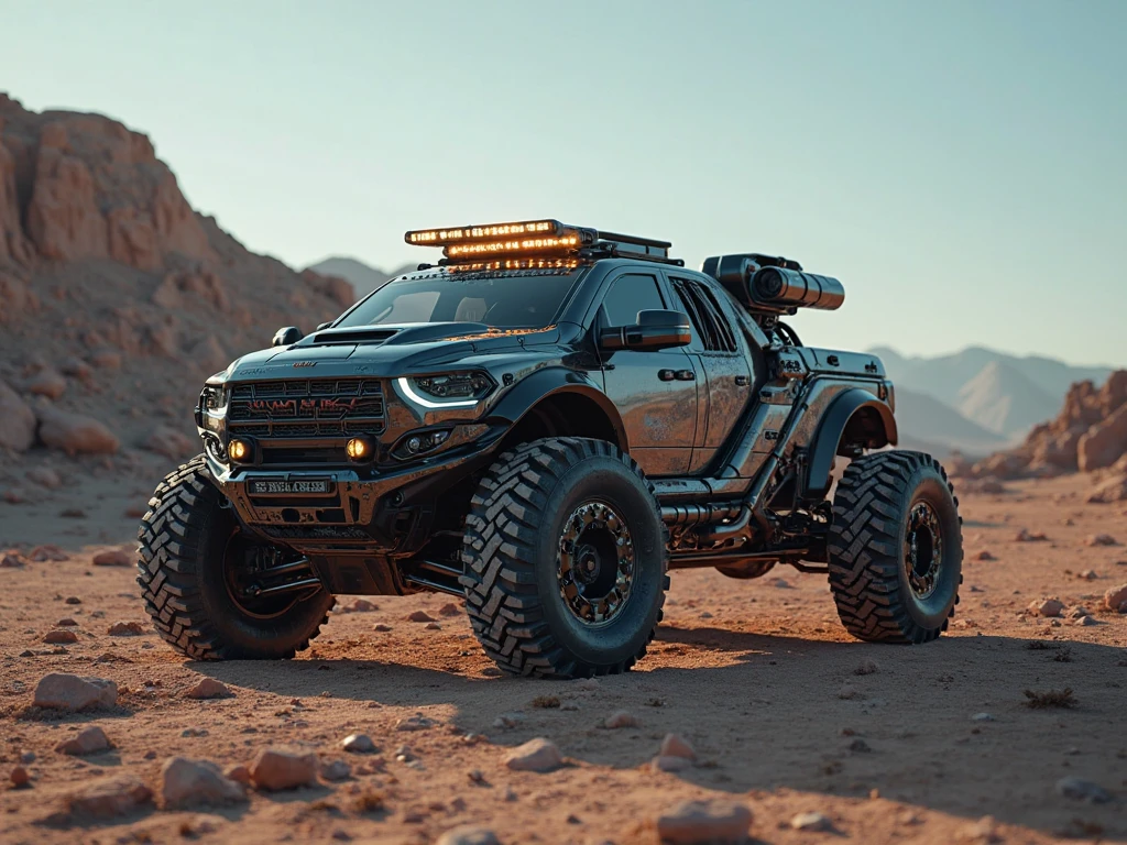 A futuristic cyber truck designed for durability and aerodynamics, built with alien-origin materials, is parked in a high-tech trailer park in the middle of an apocalyptic desert. The truck is filled with cutting-edge alien technology and exotic components. The entire scene has a mystical mood, with glowing accents reflecting off the rugged terrain. Cinematic lighting, deep shadows, and intricate details bring this otherworldly vision to life in stunning 16K HDR.
