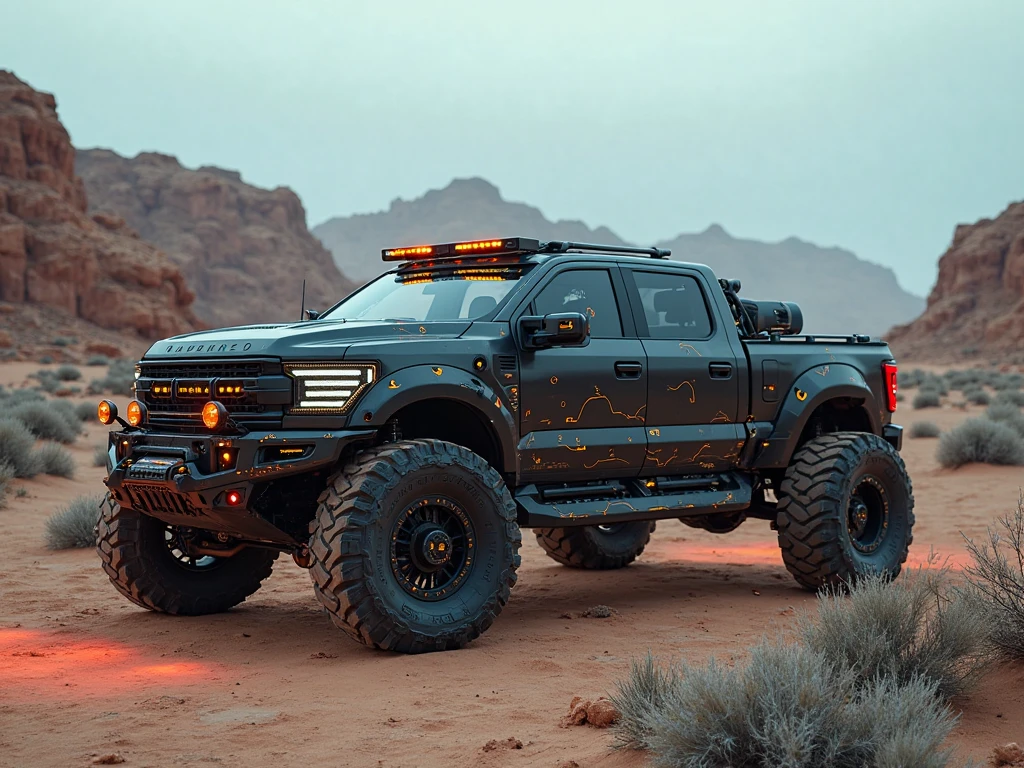 A futuristic cyber truck designed for durability and aerodynamics, built with alien-origin materials, is parked in a high-tech trailer park in the middle of an apocalyptic desert. The truck is filled with cutting-edge alien technology and exotic components. The entire scene has a mystical mood, with glowing accents reflecting off the rugged terrain. Cinematic lighting, deep shadows, and intricate details bring this otherworldly vision to life in stunning 16K HDR.