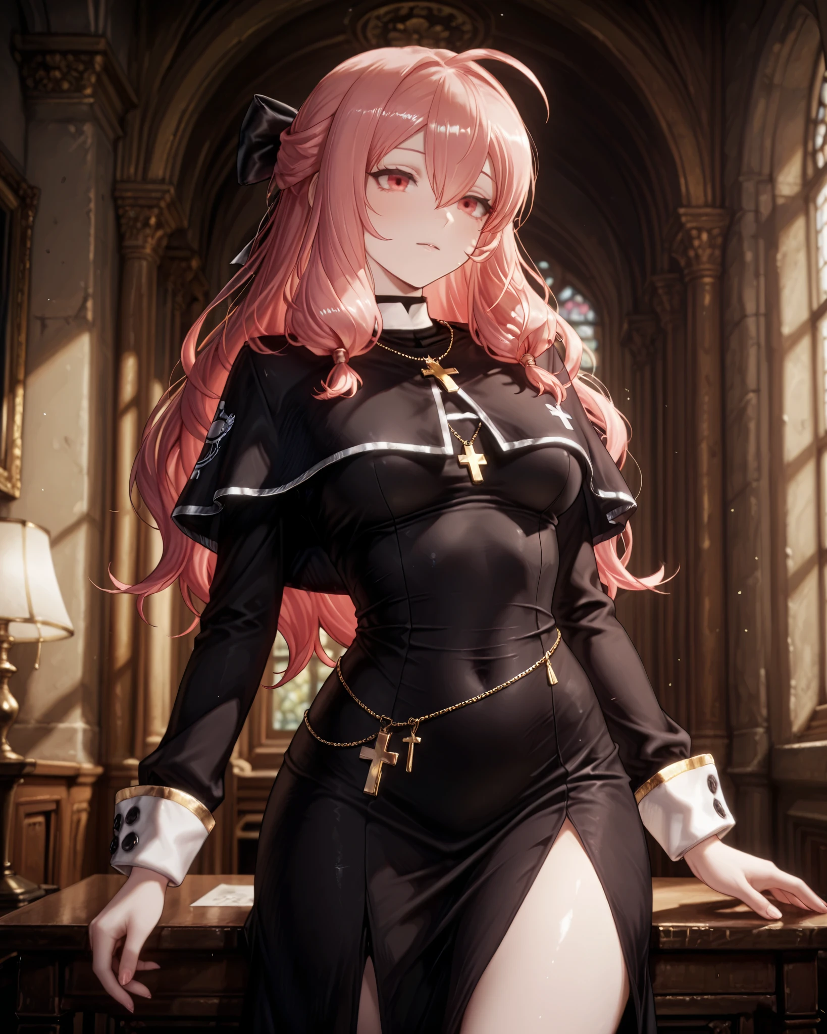 ((solo)), amazing masterpiece, top quality, high fashion, absurdres extremely, HDR, intricate details, vivid colors, Liberta, medium breasts, red eyes, long hair, pink hair, ahoge, hair between eyes, Libertadef, medium breasts, red eyes, long hair, pink hair, half updo, ahoge, hair between eyes, black_hair_bow, vestments, cross accessory, necklace, clerical collar, clerical_capelet, black dress, long sleeves, white cuffs, waist_chain, cowboy shot