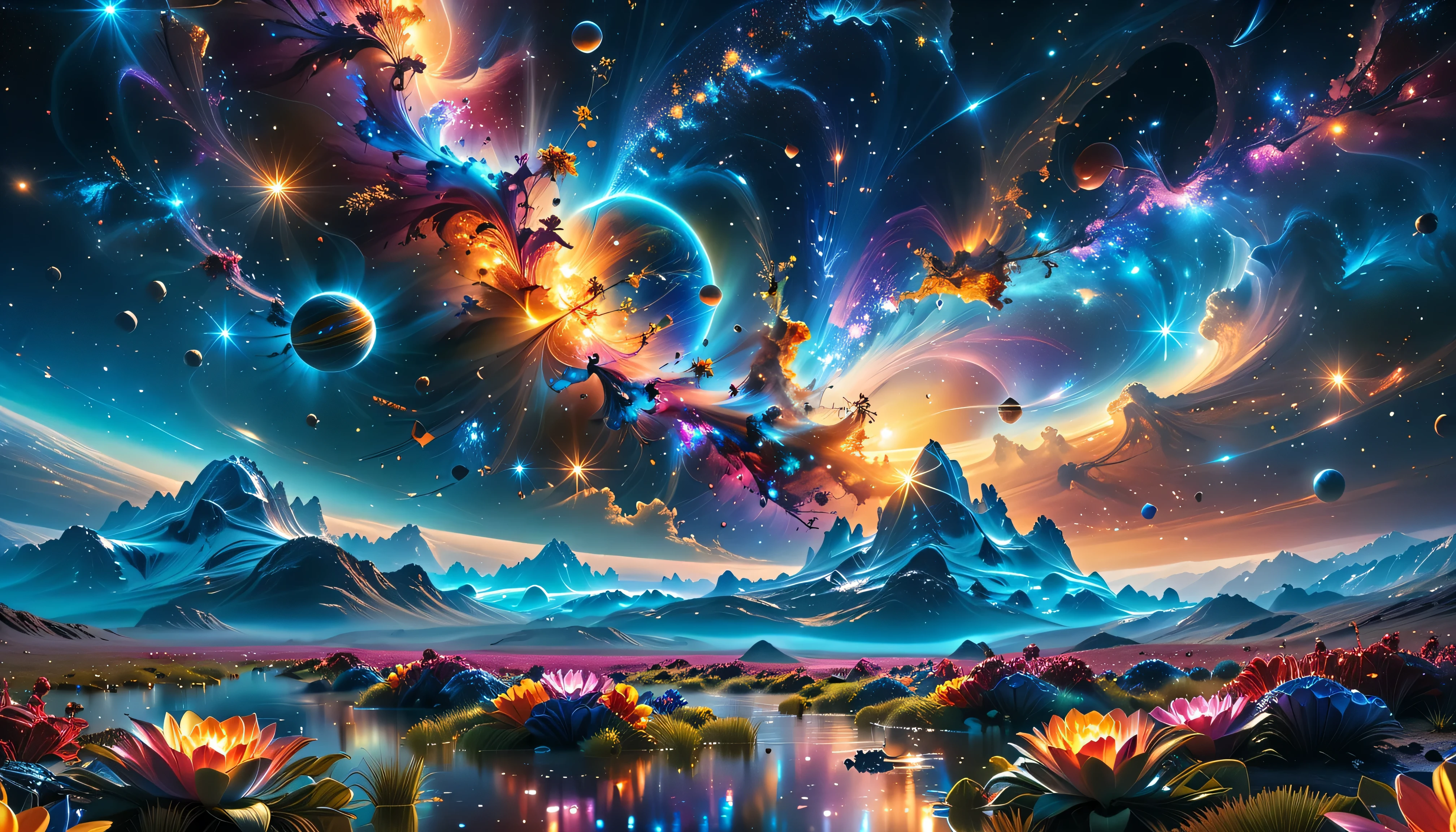 32K resolution masterpiece , high quality, Super Details, official art, creates a masterpiece of exquisite craftsmanship, Beautiful and Aesthetic, Ultra-fine features , Stunning Details. breathtaking, Exotic flowers of all shapes and sizes bloom in the scene , Own the grandiose, This work stirs curiosity and miracles , Colorful horizon. Strange , shows unparalleled clarity in every detail , ,depicts the audience as a magical , and visually immersive . the image , Capture every intricate detail perfectly . The scene is both ultra-realistic,ultra-high resolution 32K wallpaper , Stunning 4K or 8K resolution rendering,surrounded by a series of sweet. The vivid colors of , The surreal alien landscape reflects the miracle of interstellar travel , The vivid colors enhance the super atmosphere . will make advanced illustrations Technology combined with 3D rendering , star-studded sky extending to a vibrant , awe-inspiring . to add a level of depth and richness to the scene , , and the carefully designed lighting captures the intricate changes in light and shadow {x} invites viewers to experience the extraordinary beauty of nature in a new dimension .