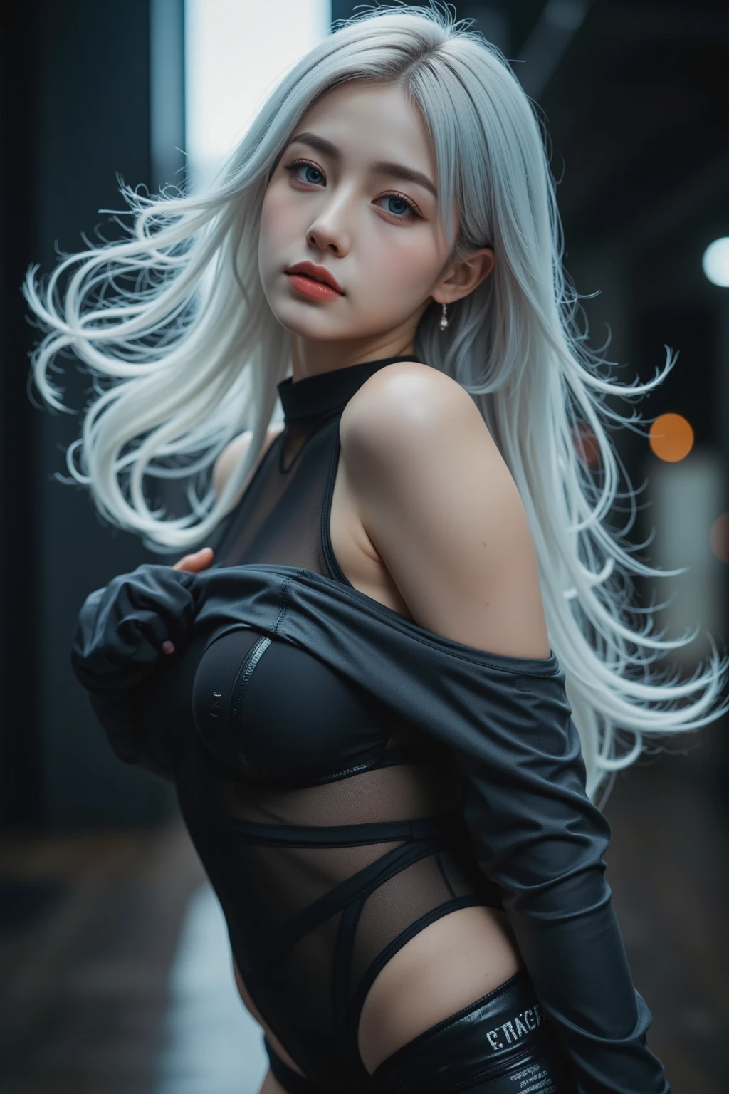 hyper HD, Masterpiece, Textured skin, Super detail, High details, High quality, Award-Awarded, Best quality, A high resolution, 16k,1girll,Solo,Slim body type,Extra-long gray hair,Very small,posing on a, --auto
