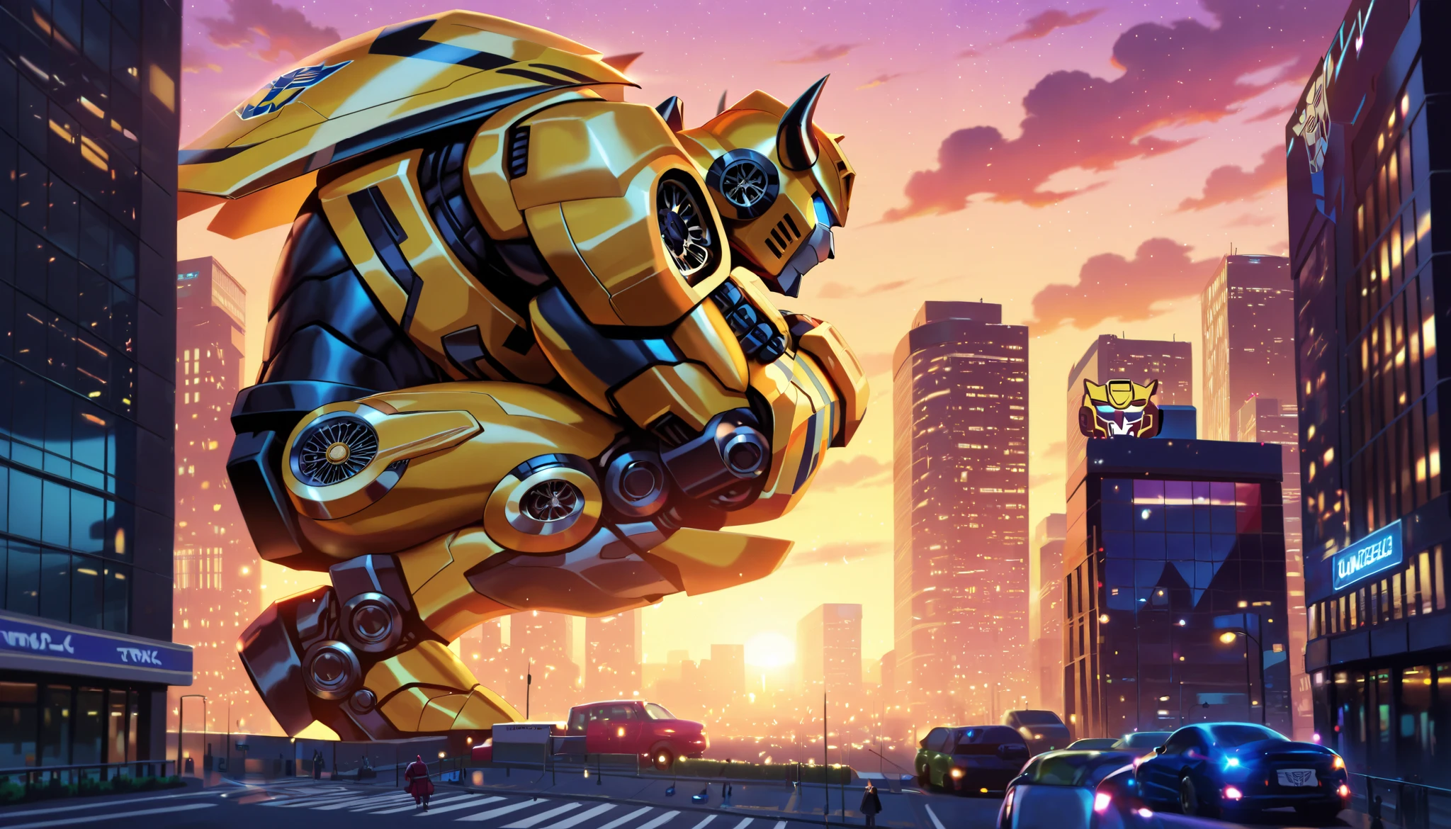 Transformers, muscular Bumblebee, macro in a miniscule city, side view