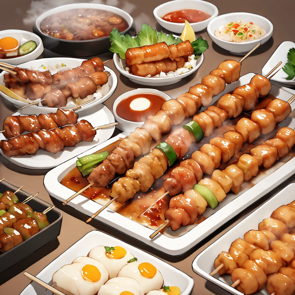 an amazing photo of delicious juicy fried skewers, food photography, gourmet, steaming, top-down view, wooden table with natural deco and fabric, garnish on the table, intricate detail, 8k resolution, studio light, Michelin art kitchen style