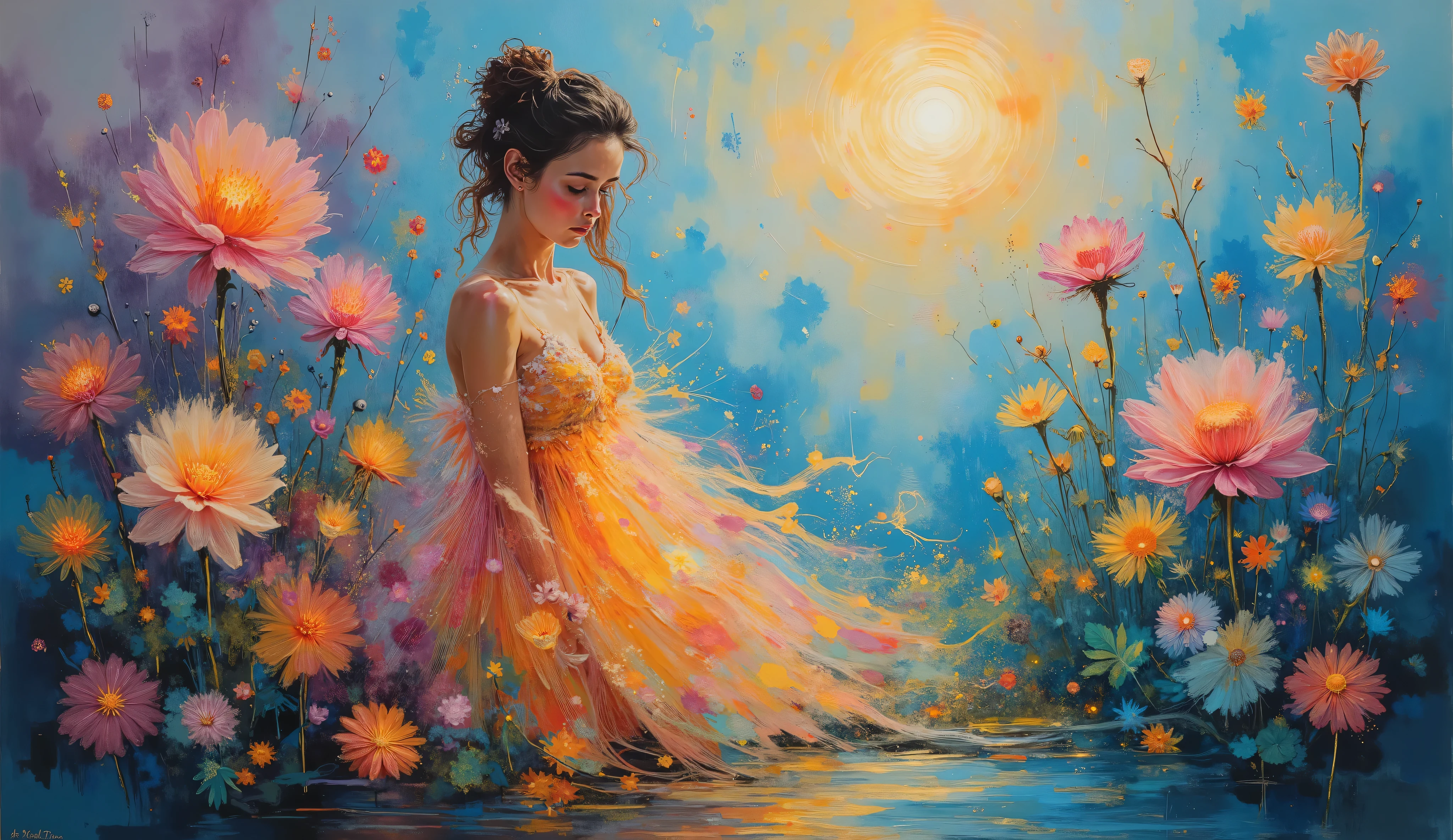 An oil painting of an ethereal woman bathed in golden light, surrounded by shimmering flowers that almost glow against a soft blue and lilac abstract backdrop. The woman's flowing dress reflects the ambient light, giving her a magical, dreamlike quality. The flowers are detailed and vivid, adding a rich texture to the scene. Inspired by Gustav Klimt’s art, with soft lighting, cool tones, and a whimsical atmosphere, the figure is serene and graceful --v 5 --stylize 1000