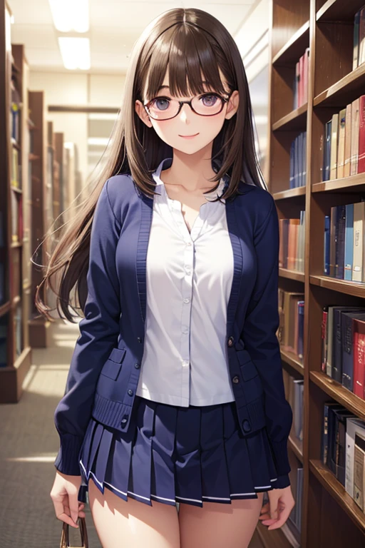 Anegasaki Nene, shiny brown hair, beautiful brown eyes, smiling face, sparkling pupils, (fine grain), highly detailed eyes, highly detailed face, highly detailed eyes,, (masterpiece:1.2, best quality), ((only1 girl)), cowboy shot,
((masterpiece,top quality;1.3, best illustration,realistic)),1 Female、solo,22 year old beauty,(( very small head :1.1)),center part bangs,amount, black hair,long hair,dark eyes,beautiful eyes,black rimmed glasses、tears, hurts,heavy breathing,medium breasts,((Very long body)),((Tight Body,slender body,skinny)), glowing skin, Shiny Skin,oily skin,(too big blue cardigan ,dark blue pleated miniskirt)、、Books、 Library、 Tokyo 、