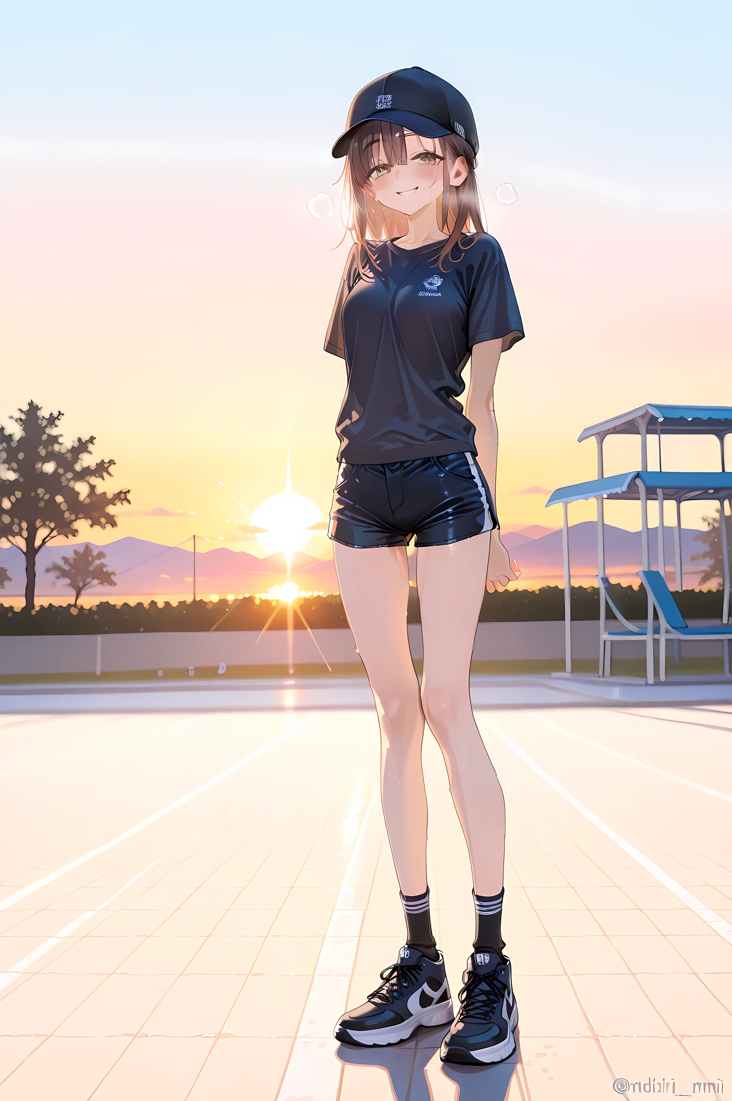 1girl ,Alone ,(Cap:1.3) ,(black Cap:1.2) ,UHD, masterpiece, best quality ,super detail, high details, highres, 8k ,break shorts ,shirt ,sneakers ,socks ,brown hair ,midiam hair ,break park ,standing ,sweat ,xss ,smile ,sunset ,heavy breath ,(Skinny body)