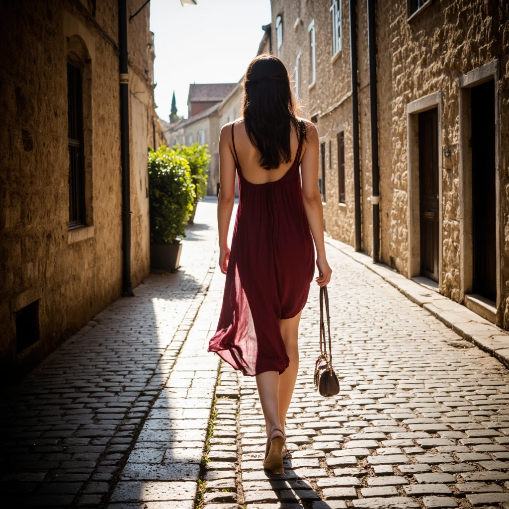 young woman with light brown wavy hair,black short sundress,walking through alley in croatia,back facing camera,intricate details,highly realistic,(best quality,4k,8k,highres,masterpiece:1.2),ultra-detailed,(realistic,photorealistic,photo-realistic:1.37),HDR,UHD,studio lighting,ultra-fine painting,sharp focus,physically-based rendering,extreme detail description,professional,vivid colors,bokeh,intricate background,warm lighting,cinematic composition