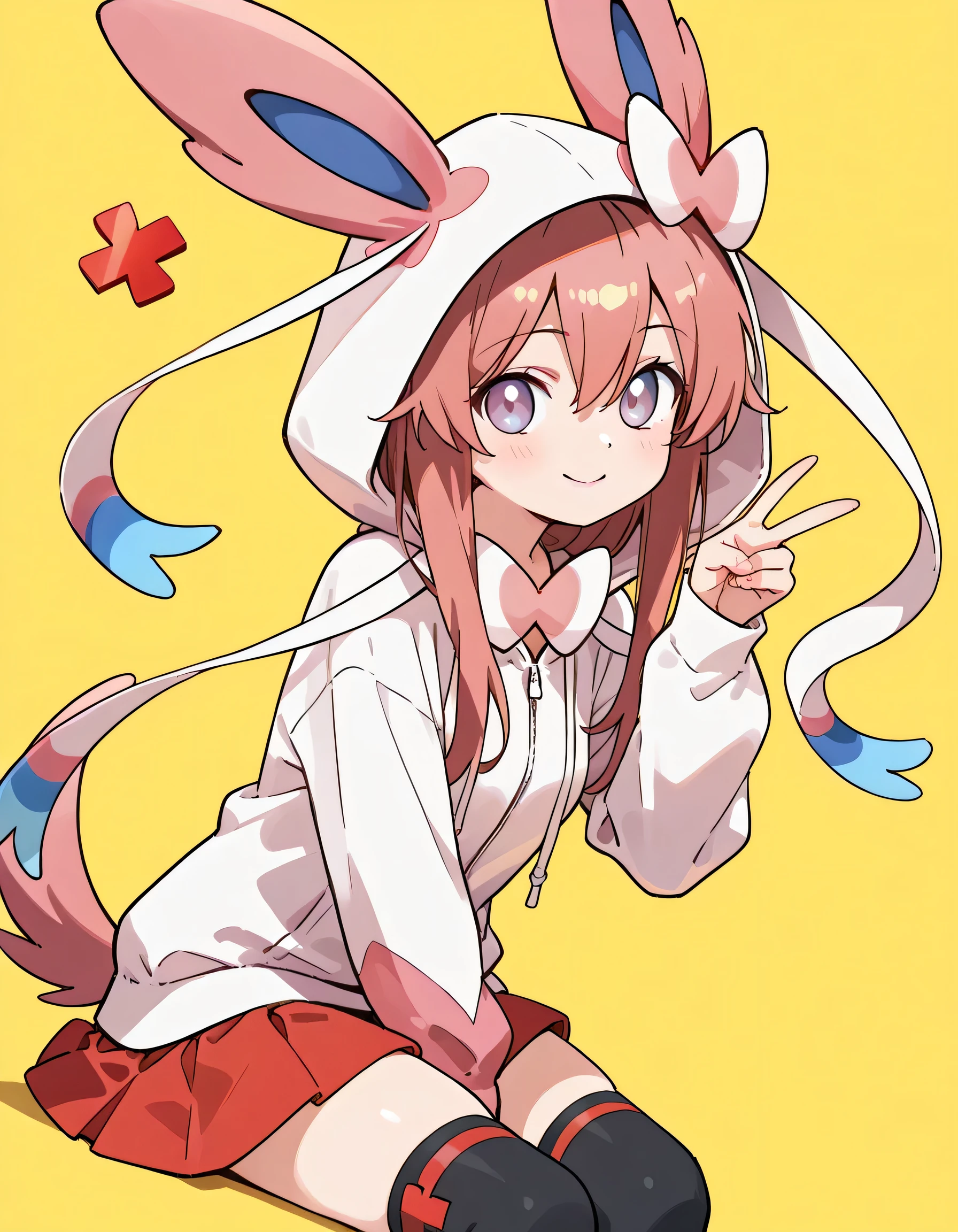(dynamic angle,dynamic w peace sign pose),sideview,sitting,(looking at viewer:1.3)solo,1girl,18years old,red brown long straight hair,hairs between eyes,,natural cosmetic,cute face,(Sylveon hoodie,hood up),black mini skirt with red ribbon line,(costume of small red cross decoration),zettairyoiki:1.3,black knee high socks,smile,,soft lineart, (yellow color background),memorial shot,nostalgic scene,