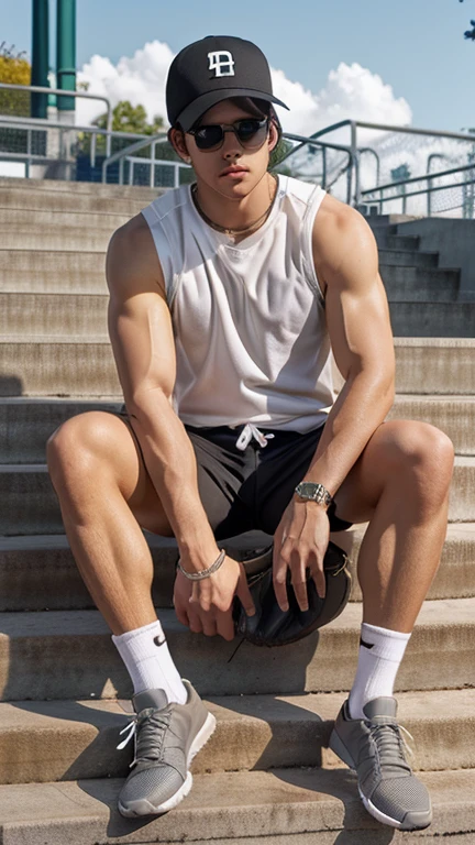 realistic photo of ager 18 years old, male teen, alpha male, tall, tank top black, perfect skinny body, shorts, nike dunk red shoes, full body, on shopping center, perfect happy, full 4k