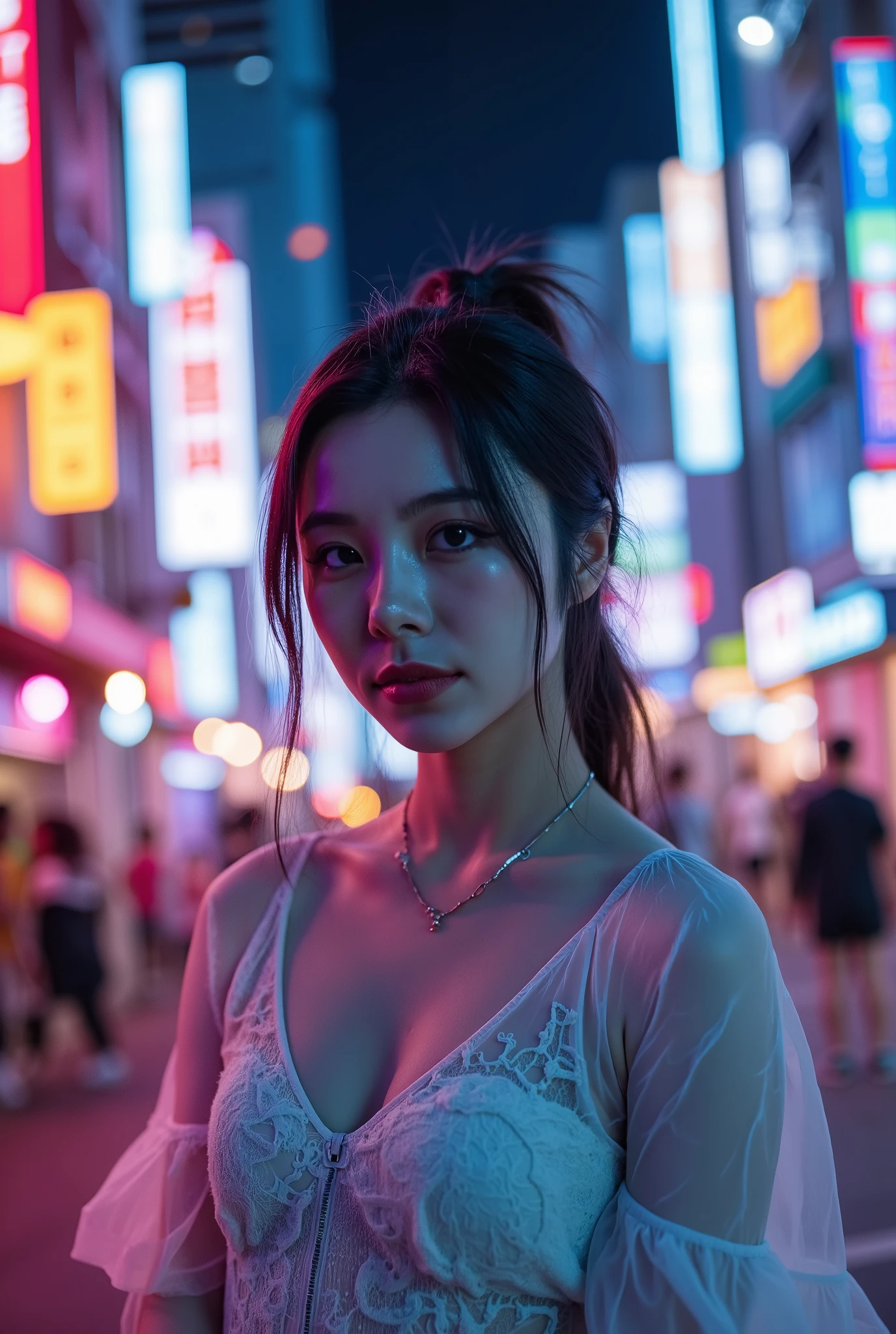 editorial photography,super detailed background,Super realistic,double exposure,depth of field,beauty super slender skinny vides,soft_focus tone,narrative scene,full-body_shot,oriental superstarcyberpunk,Nighttime entertainment district illuminated with neon lights,