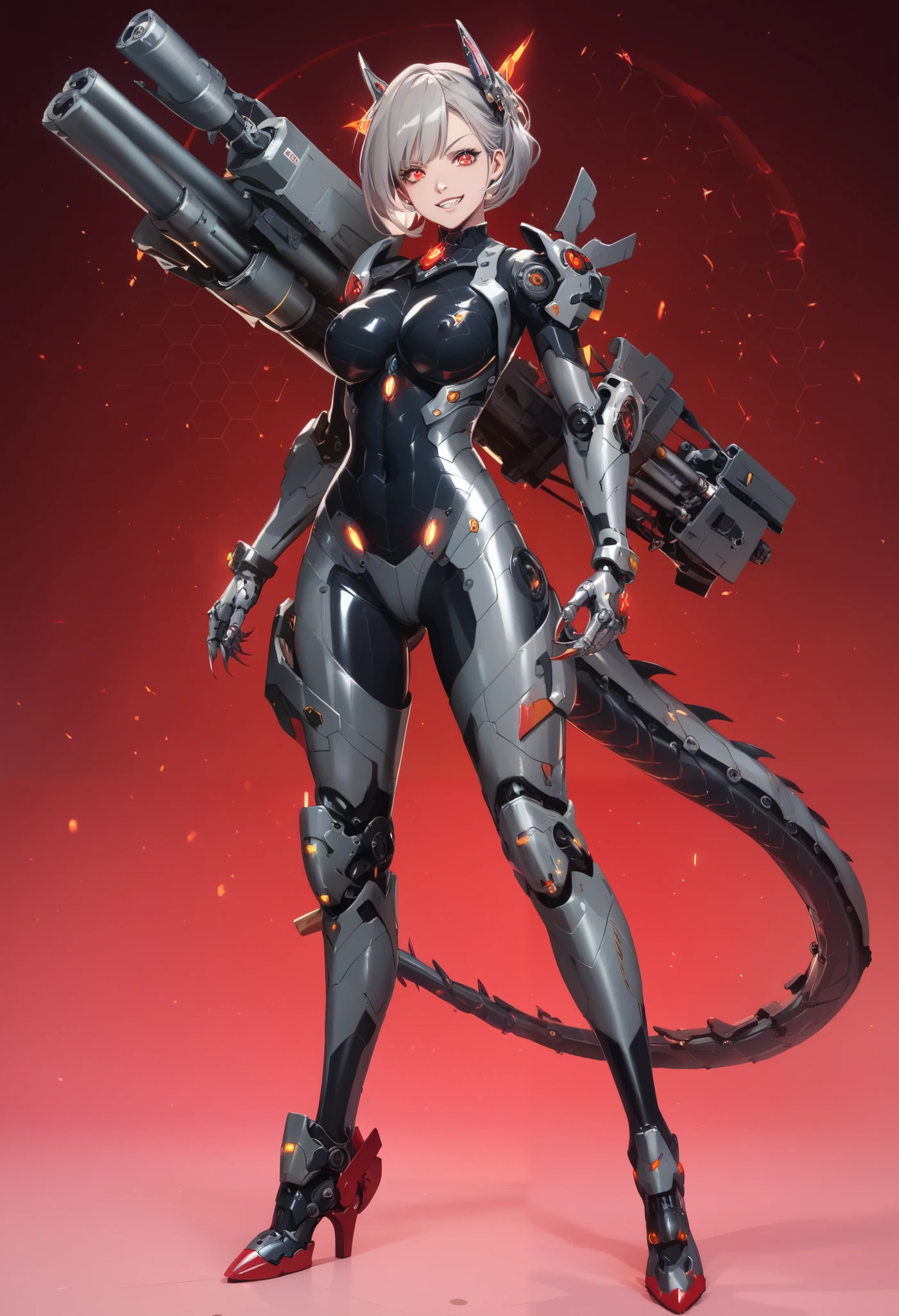 Mechanical Weapon Girl. (Close-up)Full body bodysuit. Latex. Cyber style. Honeycomb pattern bodysuit. Light armor. Look of contempt. Evil smile. Grey hair. Breasts perky. Glowing red eyes. Glowing core. A mechanical monster in the background. Large mechanized hands. Sharp claws. Mechanical dragon tail. Weapons on the back. Battleship elements.