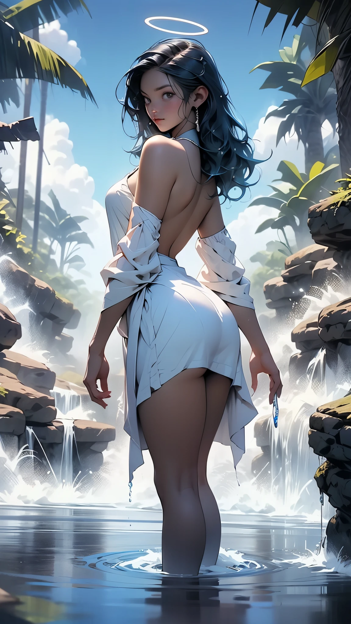 (((professional: Step by Step, taking into account even the smallest detail, God Level Final Result, full body with intricate details, only 1 girl, image: all the intricate details, Masterpiece))): "Quality 3, Wet anime, hyper details, Wet anime 17-years-old white woman with random colored hair Wet hair tied back with a red ribbon Her eyes are the same color as her wet hair, Delgado, clothing white crop top and denim miniskirt, A jungle background under a constant torrential rain that soaked them, Wet Back Posture, showing her beautiful body 92 59 90, flirty face, pedestal invisible,, Film grain, fuji colors, contrast of lights and shadows, textured skin, dynamic pose, realism, sunlight, High contrast, very sexy pose"