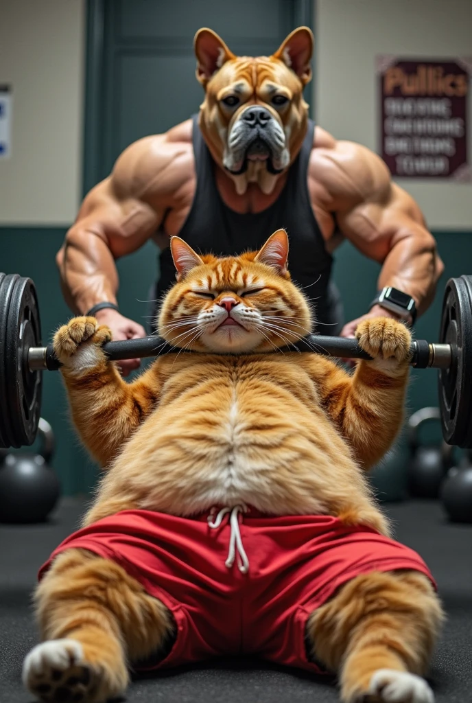 There is a cat sitting on a bench with a barbell, chonker cat, cute cat anime visuals, Garfield the Cat, superhero fat cat, new cat movie, exercising, fat cat, ginger cat, fierce expression 4k, lifting weights, muscular !!, Awesome CGI, Garfield, kucing itu oranye, Chris Evans as a powerlifter