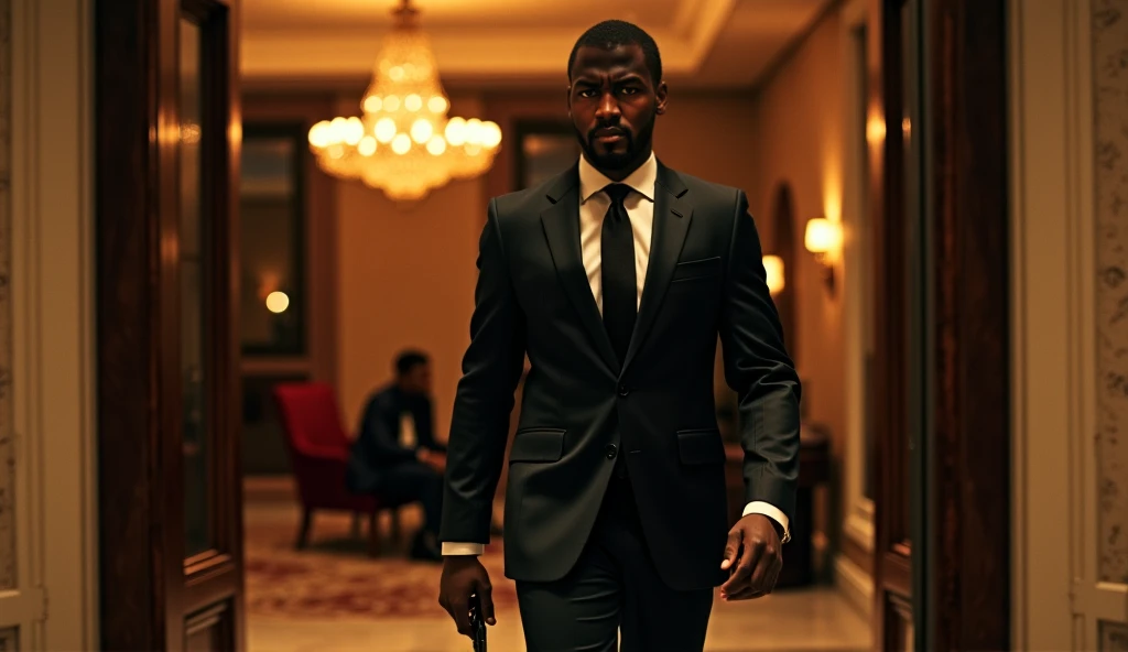 African man with a gun. huddled behind the door. he is wearing a suit. he looks like an intruder.