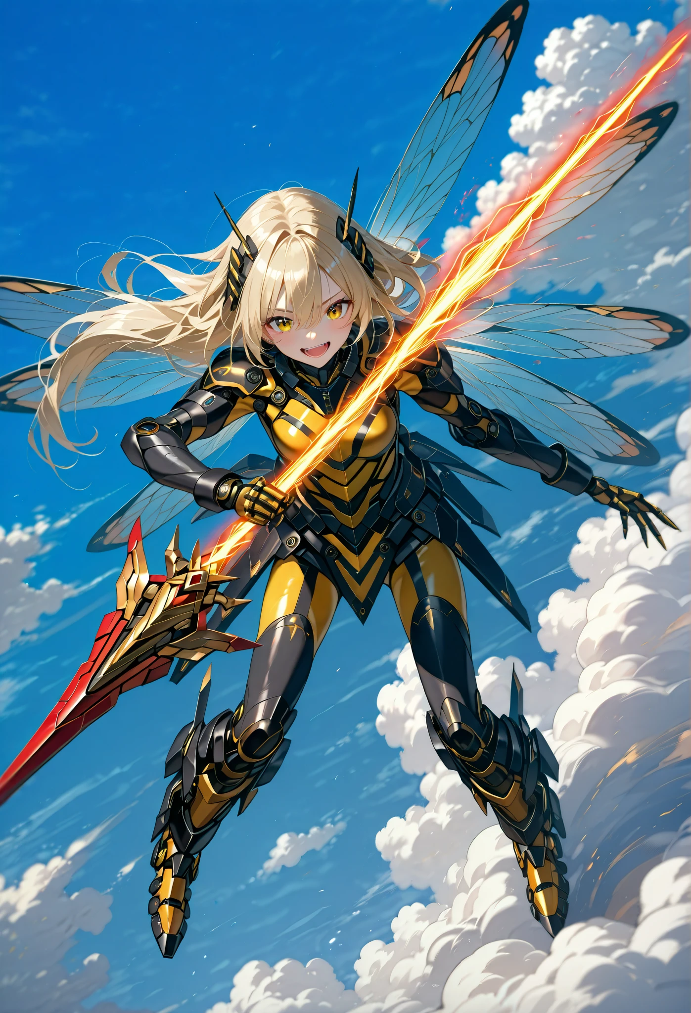 view from above,Beautiful girl cosplaying as a bee,(li:0.3),blonde long hair,laughing,thin,holding a large, weaponized, honey-colored, spear or wing-like structure. The woman's attire consists of a form-fitting, bright yellow bodysuit with black accents, resembling a stylized insect-like costume. long socks. Exposed thighs,frilled body suit,military style,The background features a light-blue sky dotted with fluffy white clouds,looking at viewer,(attack viewer:1.3) with weapons.Transparent insect wings