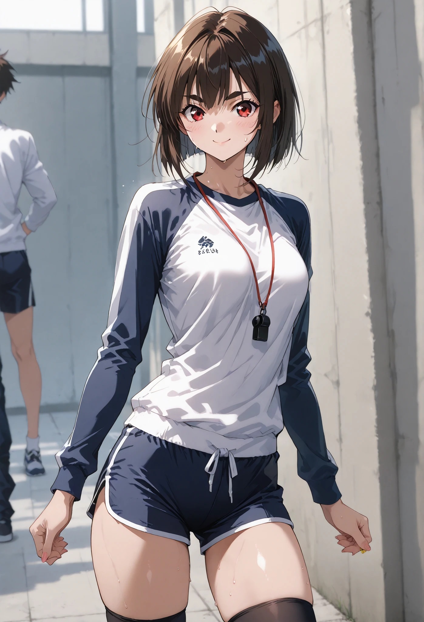 Age 25、 muscular、smile、School teacher、、土のGround、(Ground)、Lots of male students 、(Thick eyebrows、thick eyebrows)、(long sleeve sportswear 、sports shorts)、、 ( short bob style)、、、 Female Teacher、Outdoors、 I'm doing physical education class、beautiful 、、very small breasts、、masterpiece、best quality, , stockings, , Steamy sweat, , Narrow eyes、 motion line, Speedline , School Grounds 、 blow the whistle