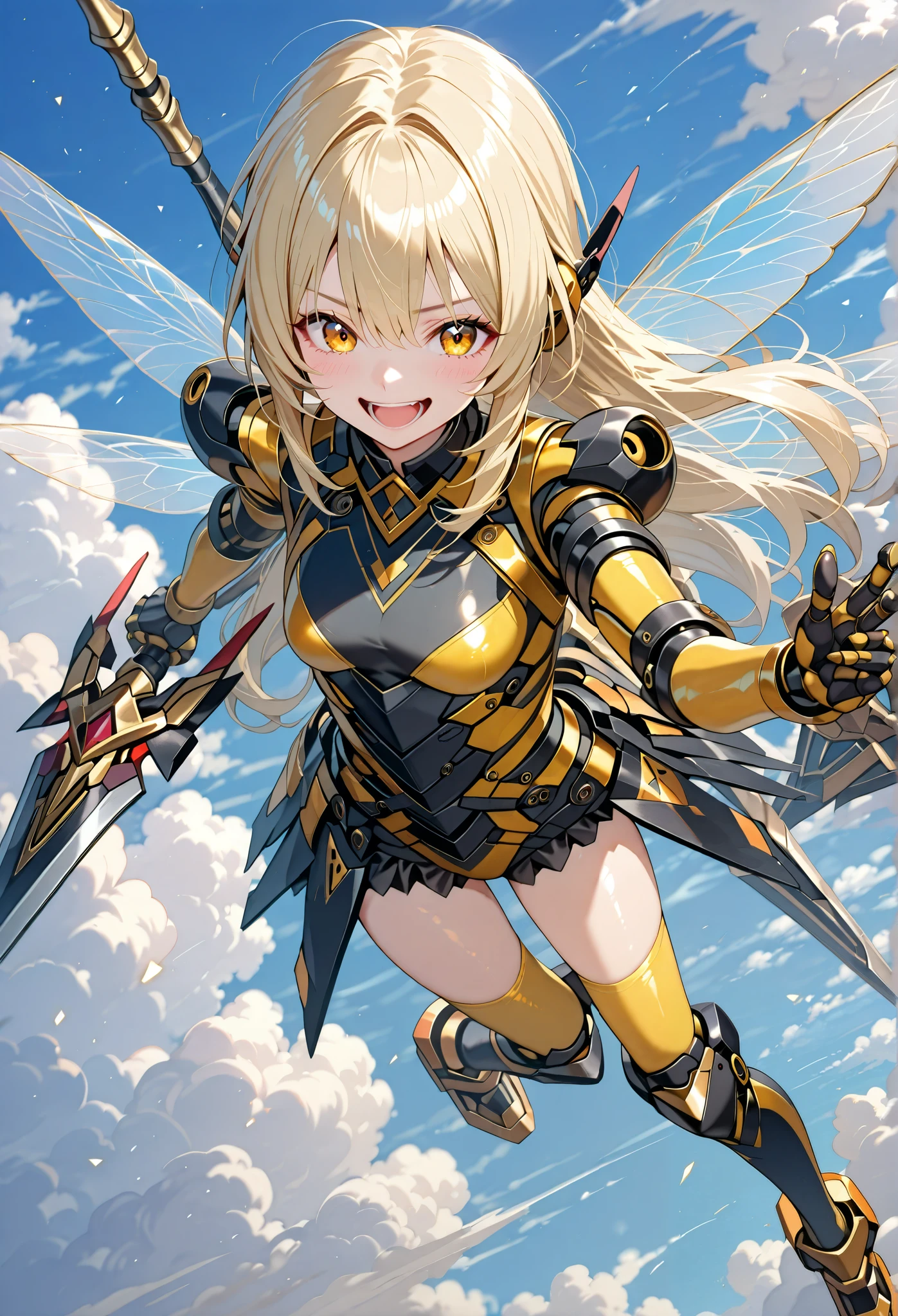 view from above,Beautiful girl cosplaying as a bee,(li:0.3),blonde long hair,laughing,thin,holding a large, weaponized, honey-colored, spear or wing-like structure. The woman's attire consists of a form-fitting, bright yellow bodysuit with black accents, resembling a stylized insect-like costume. long socks. Exposed thighs,frilled body suit,military style,The background features a light-blue sky dotted with fluffy white clouds,looking at viewer,(attack viewer:1.3) with weapons.Transparent insect wings