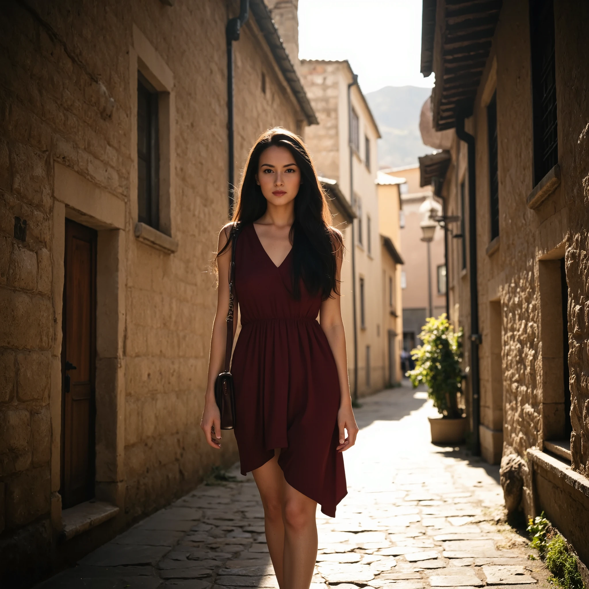 Professional photographic shot of a beautiful woman standing facing the camera with long, flowing black hair, wearing a loose summer dress in a deep wine color, a small crossbody bag hanging at her side, in a narrow cobblestone street in an old historic district, surrounded by stone buildings with simple windows. Dramatically lit by strong sunlight streaming in from an opening between the buildings, casting bold contrasts of light and shadow. Warm, earthy tones dominate the scene — beige, brown, gray, with a subtle touch of green from distant vegetation. Taken from a slightly low angle to emphasize the depth of the street and guide the viewer’s eye towards the distant background. High contrast lighting highlights the textures of the stone walls and cobblestones, focusing on natural light and shadow play. The woman’s figure is elegantly positioned according to the rule of thirds, adding balance to the composition. The atmosphere is nostalgic and serene, blending realism with artistic flair --ar 4:5 --v 6 --stylize 500 --style raw.