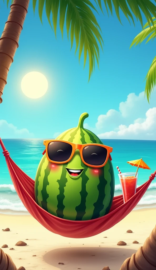"A juicy watermelon with sunglasses resting in a hammock on the beach. He has a relaxed smile and a drink with an umbrella in his hand. The sun shines in the blue sky, and the waves of the sea can be seen in the background. The atmosphere is tropical and fun."