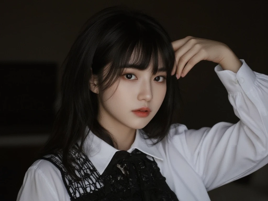 1girl, black random formal attire, white background, <lora:KainaoaV2-04:1>