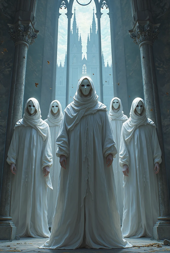 Realistic anime style of a group of masked men with white masks. White clothes with white capes and hoodie. Gothic background .