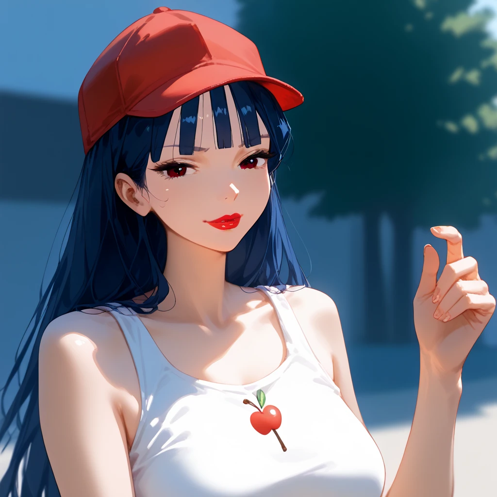 high quality, (digital art, mature anatomy: 1.5), (mature eyes: 1.5), (perfect body: 1.4), narrow eyes: 1.5), (beautiful eyes: 1.5), (high quality: 1.5), xmusax, 1girl, narrow eyes, Young woman, dark blue hair, blunt bangs, dark brown eyes, lipstick, long hair, manga anime styled character, (frutti bar outfit, sleeveless top, red short pants, midriff, red cap, cherry printed top: 1.4) (frutti bar outfit)