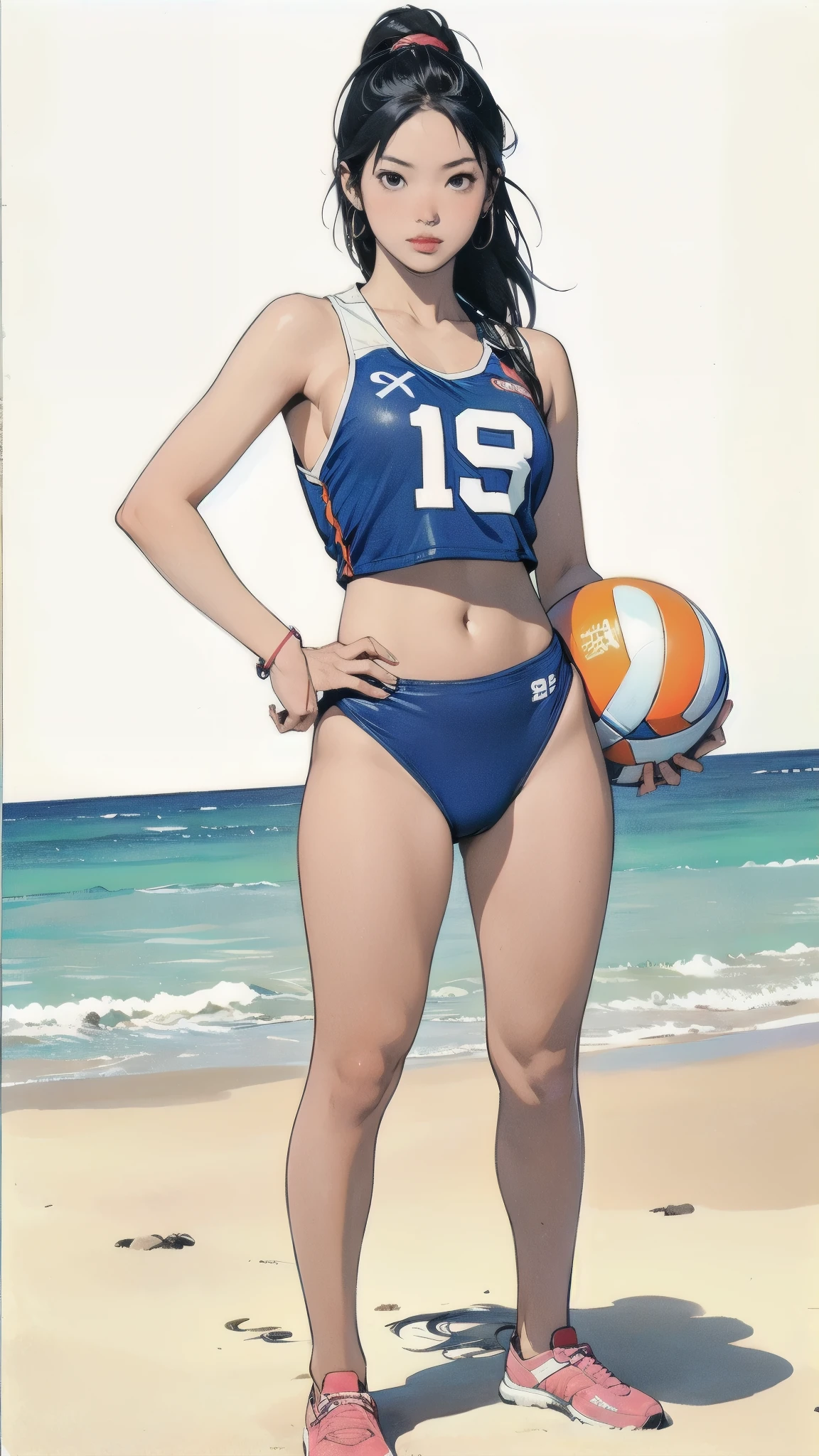 realistic, Beach volleyball, full body shot, 1 woman, thin waist, nude