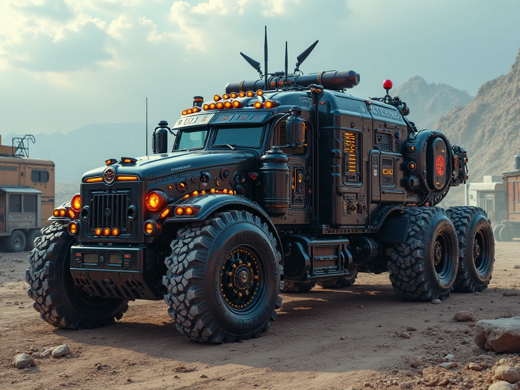 Cyber truck, durable, aerodynamic, alien materials, futuristic, advanced alien technology, exotic construction, parked, futuristic trailer park, apocalyptic desert, mystic atmosphere, glowing accents, intricate details, cinematic lighting, deep shadows, HDR, ultra-detailed, 16K