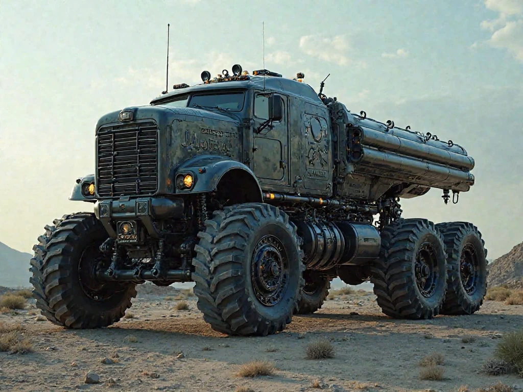 Cyber truck, durable, aerodynamic, alien materials, futuristic, advanced alien technology, exotic construction, parked, futuristic trailer park, apocalyptic desert, mystic atmosphere, glowing accents, intricate details, cinematic lighting, deep shadows, HDR, ultra-detailed, 16K