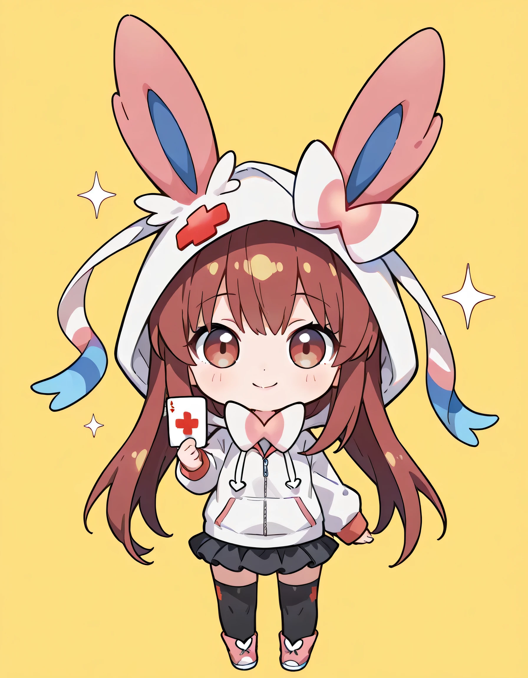(frontview),(chibi,fullbody),(looking at viewer:1.3)solo,1girl,18years old,red brown long straight hair,bangs,natural cosmetic,cute face,(Sylveon hoodie,hood up),black mini skirt with red ribbon line,(costume of small red cross decoration),zettairyoiki:1.3,black knee high socks,smile,(have playing cards by one hand),soft lineart, (yellow color background),memorial shot,nostalgic scene,