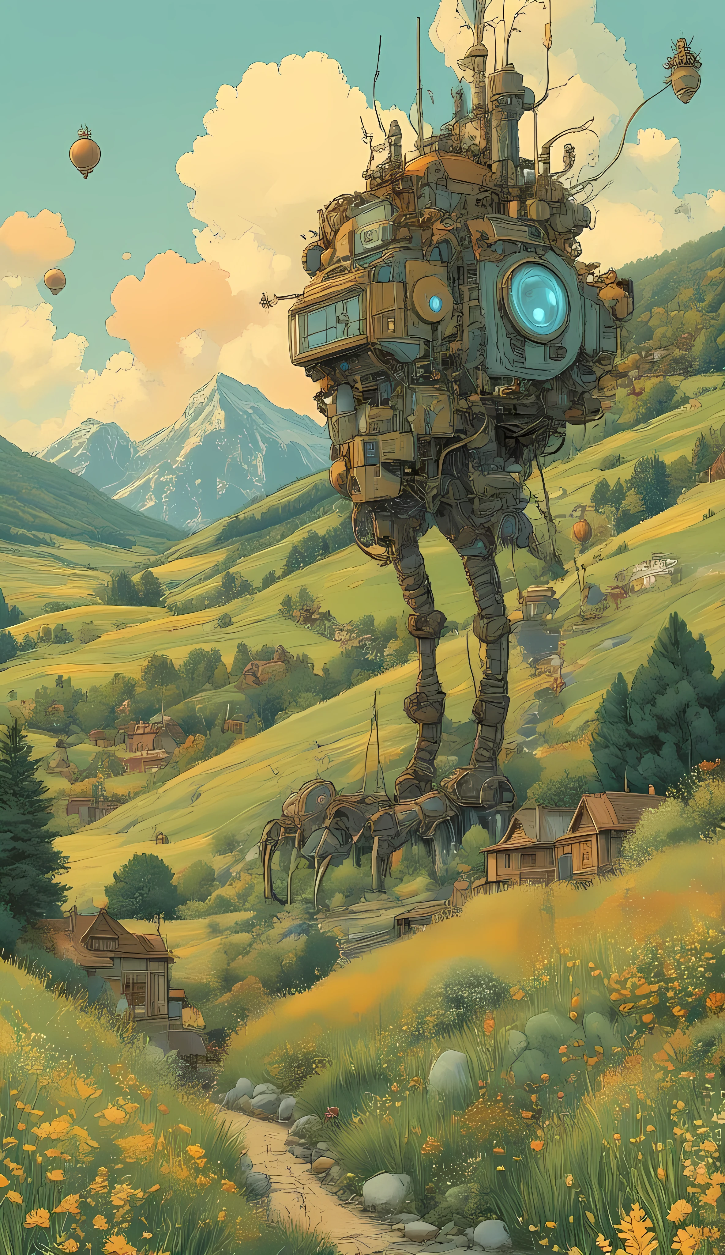 Studio Ghibli-inspired illustration, (soft painterly textures:1.2), (dreamy and warm color palette:1.3), hand-drawn fantasy city, cozy atmosphere, intricate rooftops, cobblestone streets, whimsical architecture, lush greenery, magical realism, soft golden lighting, gentle cinematic glow, (LoRA:ghibliStyle-v1.0:1.0) "A whimsical, towering mechanical castle wandering across lush green meadows, built from a patchwork of mismatched structures with twisting chimneys, rotating gears, and rusted metal plates. The castle's legs are large, mechanical, and bird-like, stepping gracefully across rolling hills covered in vibrant wildflowers. A warm, golden light bathes the scene, casting long shadows as the wind gently sways the grass. In the distance, floating islands drift lazily in a sky filled with soft pastel clouds, and a small village with wooden houses and cobblestone streets sits nestled in the valley. The atmosphere is cozy and magical, with tiny, glowing embers floating in the air, hinting at unseen spells at work. The scene is hand-painted with soft textures, delicate brush strokes, and an enchanting, dreamlike quality, reminiscent of Studio Ghibli’s signature animation style.