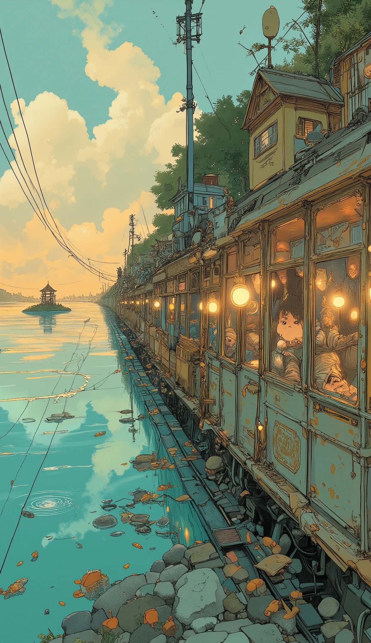 Studio Ghibli-inspired illustration, (soft painterly textures:1.2), (dreamy and warm color palette:1.3), hand-drawn fantasy city, cozy atmosphere, intricate rooftops, cobblestone streets, whimsical architecture, lush greenery, magical realism, soft golden lighting, gentle cinematic glow, (LoRA:ghibliStyle-v1.0:1.0) A long, narrow train moves gently across an endless, shallow ocean, its tracks seemingly floating above the crystal-clear water. The sky is a soft pastel gradient of warm oranges and cool blues, blending seamlessly into the calm horizon. Wisps of clouds stretch across the heavens, their reflections shimmering on the water’s glass-like surface.

Inside the train, dim lanterns glow warmly, illuminating the quiet spirits seated within—shadowy figures wrapped in flowing robes, their faces obscured. Chihiro and No-Face sit by the window, gazing out at the vast ocean, the young girl’s expression a mix of wonder and quiet contemplation.

A few spirit fish with translucent bodies glide just beneath the water’s surface, leaving ripples in their wake. A small torii gate emerges from the water in the distance, half-submerged and weathered by time, adding a mystical touch to the dreamlike setting.

The scene is painted in Studio Ghibli’s signature hand-drawn style, with soft shading, a painterly texture, and a balance of warm and cool lighting. The composition is serene yet immersive, evoking the feeling of a fleeting moment in a magical, otherworldly journey—perfect for a wallpaper.