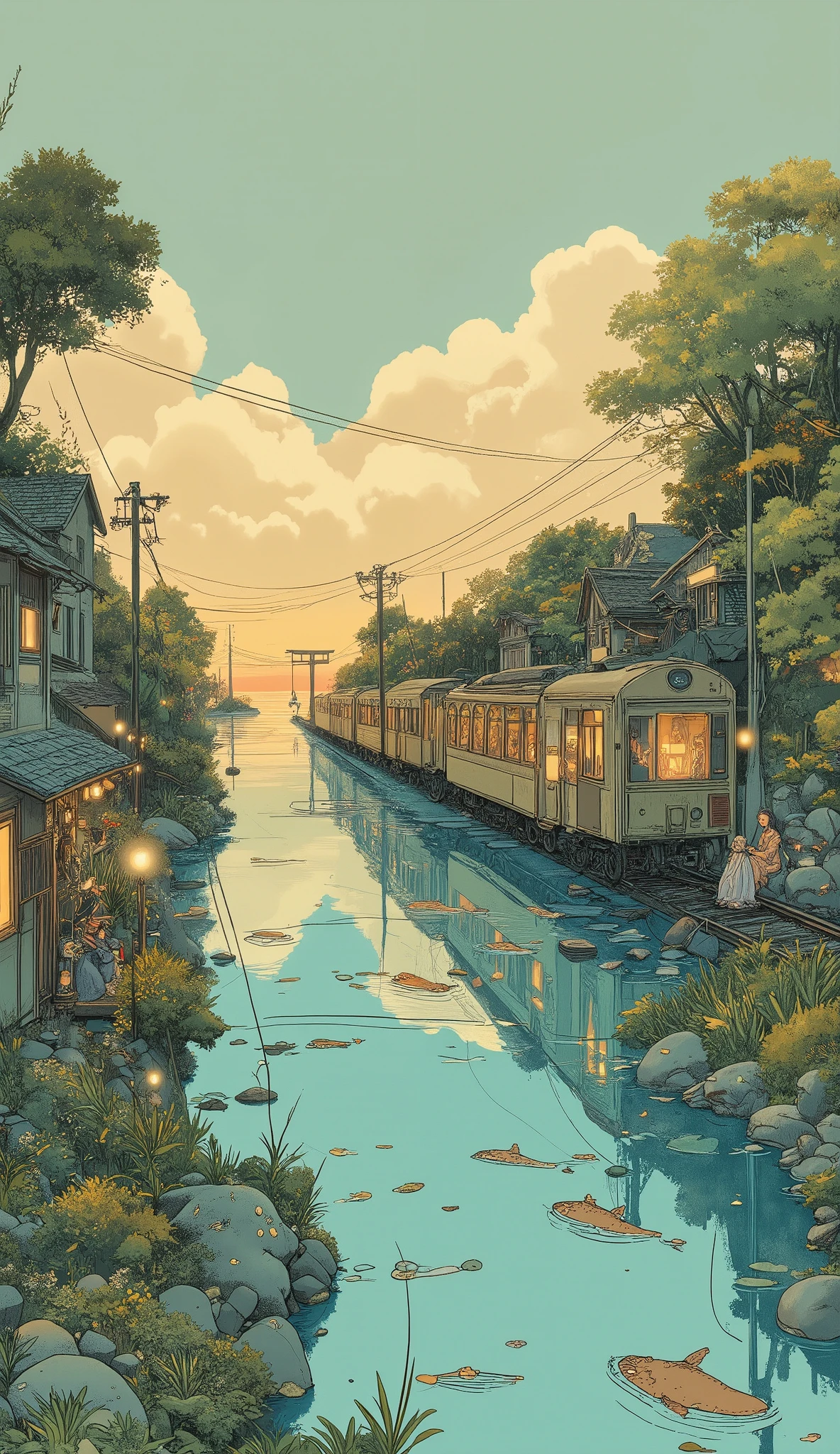 Studio Ghibli-inspired illustration, (soft painterly textures:1.2), (dreamy and warm color palette:1.3), hand-drawn fantasy city, cozy atmosphere, intricate rooftops, cobblestone streets, whimsical architecture, lush greenery, magical realism, soft golden lighting, gentle cinematic glow, (LoRA:ghibliStyle-v1.0:1.0) A long, narrow train moves gently across an endless, shallow ocean, its tracks seemingly floating above the crystal-clear water. The sky is a soft pastel gradient of warm oranges and cool blues, blending seamlessly into the calm horizon. Wisps of clouds stretch across the heavens, their reflections shimmering on the water’s glass-like surface.
Inside the train, dim lanterns glow warmly, illuminating the quiet spirits seated within—shadowy figures wrapped in flowing robes, their faces obscured. Chihiro and No-Face sit by the window, gazing out at the vast ocean, the young girl’s expression a mix of wonder and quiet contemplation.
A few spirit fish with translucent bodies glide just beneath the water’s surface, leaving ripples in their wake. A small torii gate emerges from the water in the distance, half-submerged and weathered by time, adding a mystical touch to the dreamlike setting.
The scene is painted in Studio Ghibli’s signature hand-drawn style, with soft shading, a painterly texture, and a balance of warm and cool lighting. The composition is serene yet immersive, evoking the feeling of a fleeting moment in a magical, otherworldly journey—perfect for a wallpaper.