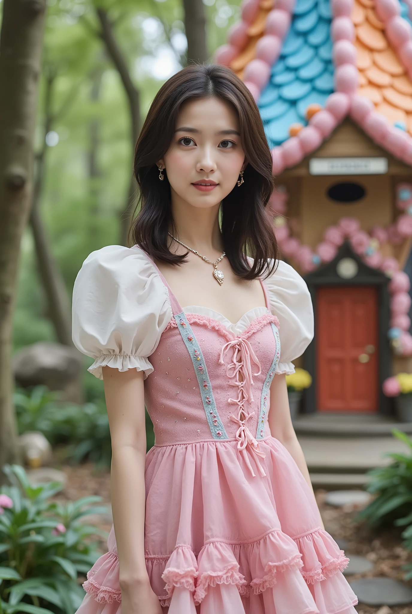 Create an image of a beautiful Japanese actress with fair skin stands gracefully in a whimsical, knee-length outfit. She has medium-length straight hair, exuding a sense of charm. The background features a colorful candy house nestled in a forest, surrounded by vibrant hues. The scene is illuminated with cinematic lighting, enhancing the magical atmosphere.