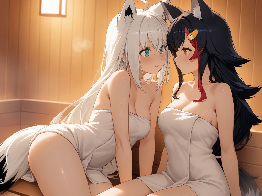 (fluffy anthro furry :1.3),blacl cat girl,white cat girl,long hair,messy hair,wavy hair,lesbians,naked,sauna room,steam around girl,steam on background,very hot,fingering,plenty pussy juice,orgasm,full face blush,girl on top,fiercely sex