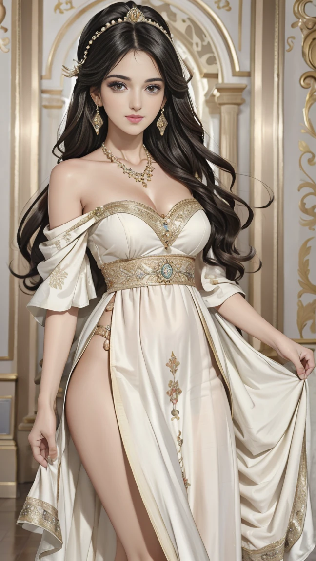 ((best quality)), ((masterpiece)), (detailed), perfect face, queen, beautiful, gold crown, gold long hair, realistic, cluster, sexy, queen dress, view to thigh, blue eyes, red lips