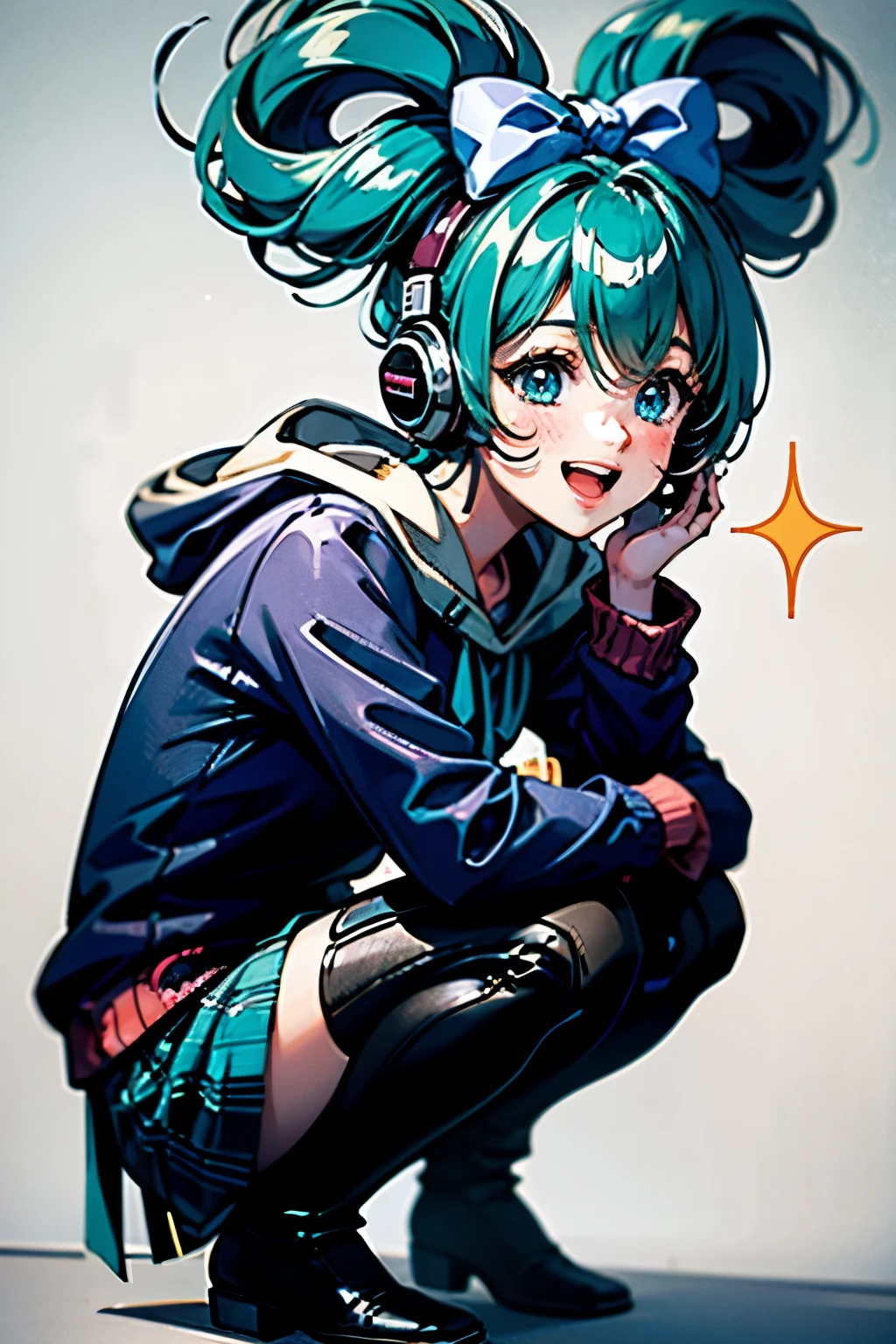 Cinnamic, High Resolution, blushes, smiles, shortcuts, open your mouth, blue eyes, Blue Hair/light blue hair tied at the top, top quality, headphones,crouching,Sparkling Effect,