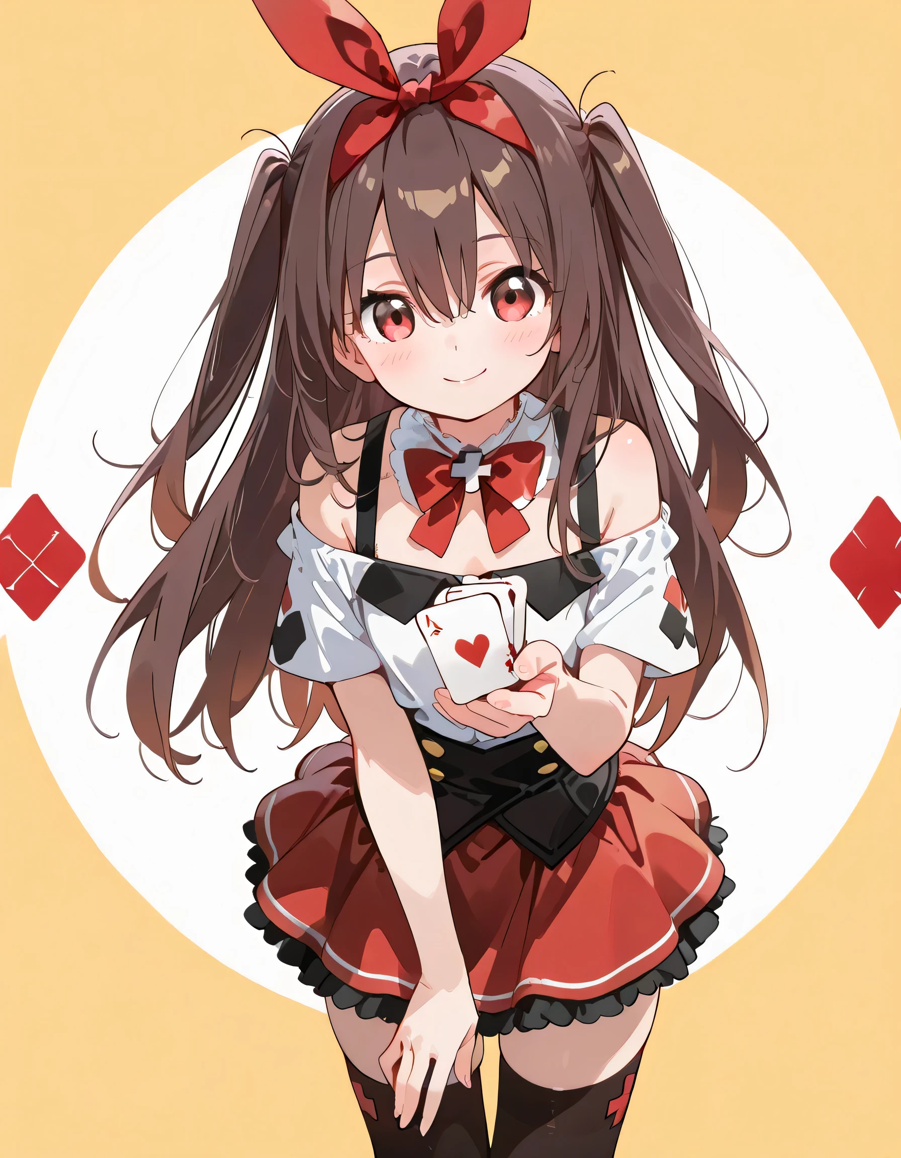 (frontview),(looking at viewer:1.3),(have playing cards by hand),solo,1girl,18years old,red brown long straight hair with under hair red bow,hairs between eyes,natural cosmetic,cute face,(offshoulder white++ clothe with red ribbon line+),black mini skirt with red ribbon line,(costume of small red cross decoration),zettairyoiki:1.3,black knee high socks,smile,soft lineart, (yellow color background),memorial shot,nostalgic scene,