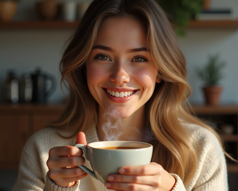 editorial photography, Cinematic photo of a beautiful beautiful woman having a cup of coffee early in the morning., Canon EOS 600D, fujifilm warm colors, golden hour, Lens flare. Ultra high resolution UHD 8K, hyper-realistic, extremely detailed. --auto --s2