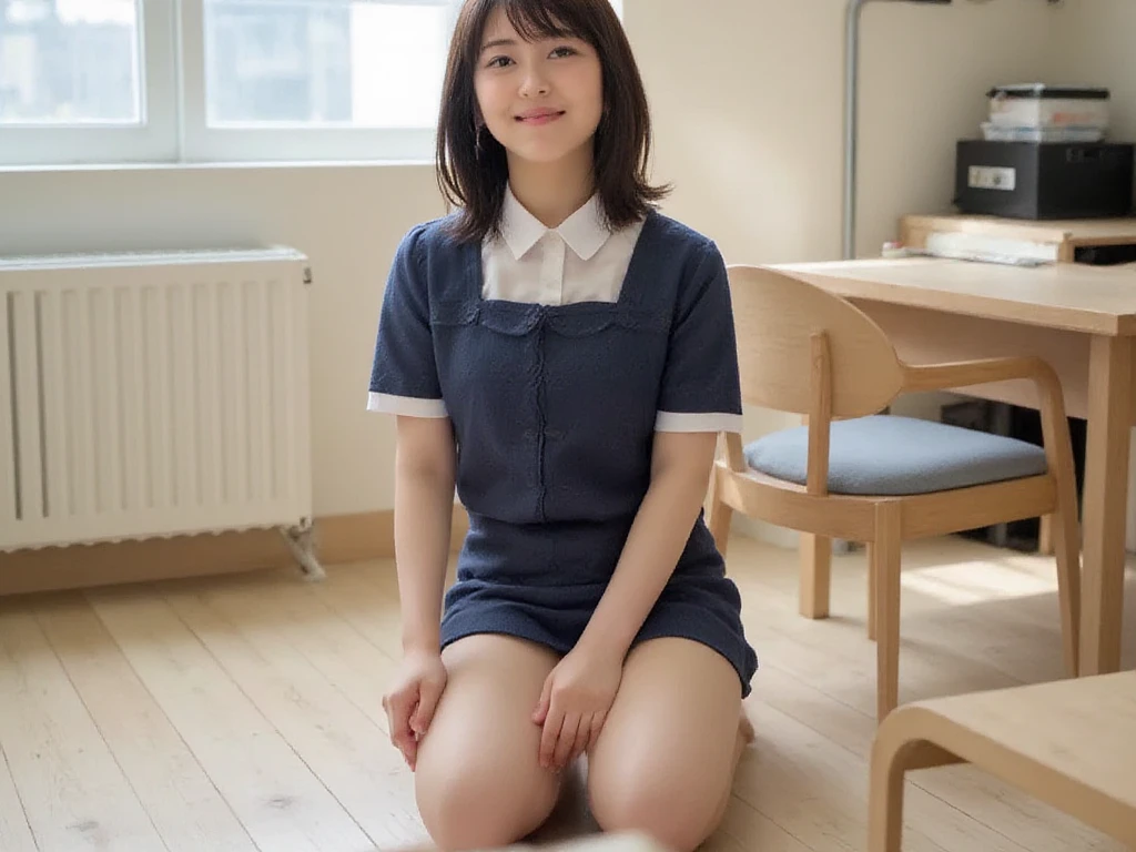 (8k, RAW photo, best quality, masterpiece:1.2), (realistic, photo-realistic:1.37), ultra-detailed, 1 girl,cute, solo,beautiful detailed sky,detailed cafe,night,sitting,dating,(nose blush),(smile:1.1),(closed mouth), medium breasts,beautiful detailed eyes,(collared shirt:1.1), bowtie,pleated skirt,(short hair:1.2),floating hair, white socks, feet view, pov