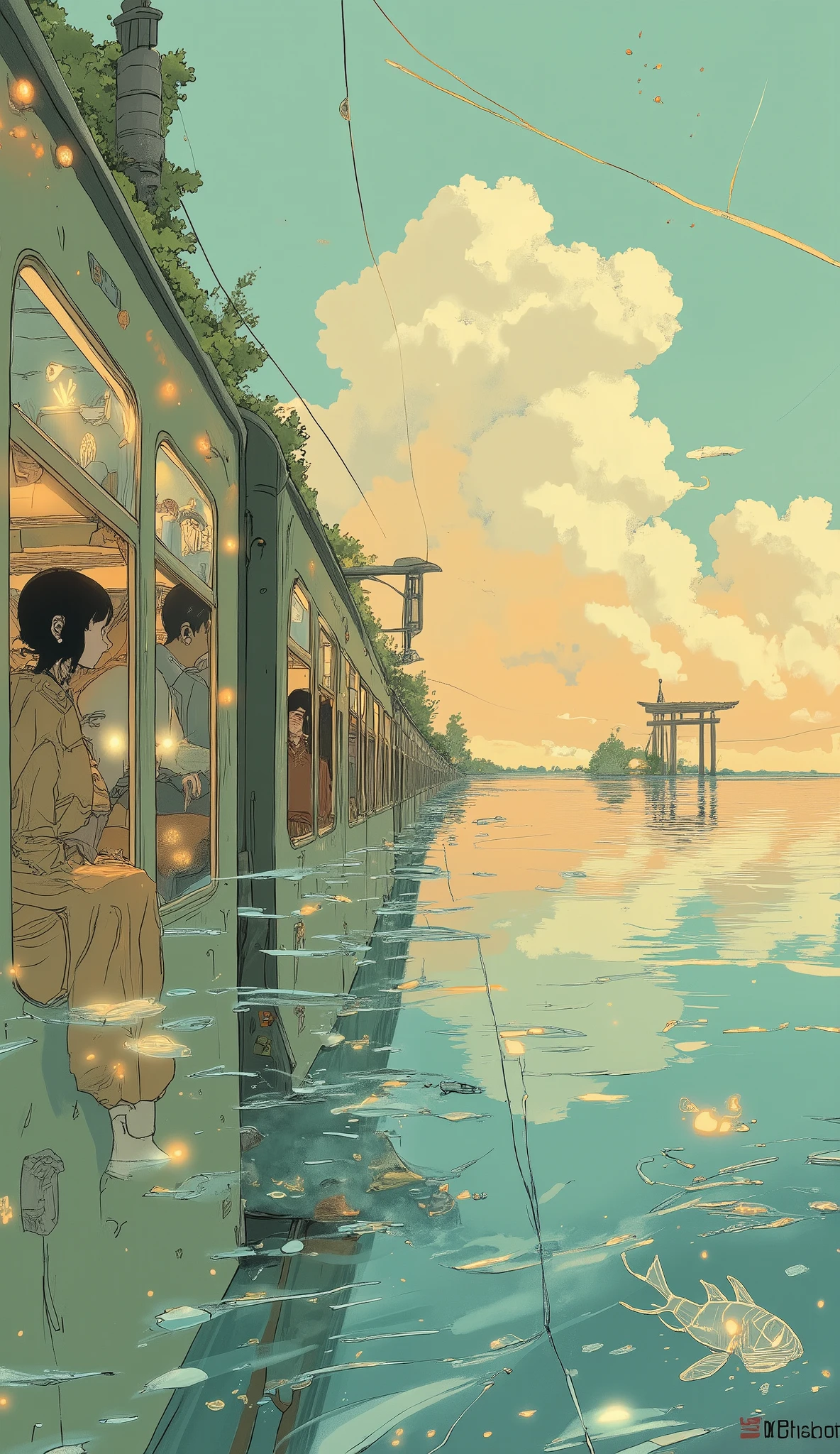 Studio Ghibli-inspired illustration, (soft painterly textures:1.2), (dreamy and warm color palette:1.3), hand-drawn fantasy city, cozy atmosphere, intricate rooftops, cobblestone streets, whimsical architecture, lush greenery, magical realism, soft golden lighting, gentle cinematic glow, (LoRA:ghibliStyle-v1.0:1.0) A long, narrow train moves gently across an endless, shallow ocean, its tracks seemingly floating above the crystal-clear water. The sky is a soft pastel gradient of warm oranges and cool blues, blending seamlessly into the calm horizon. Wisps of clouds stretch across the heavens, their reflections shimmering on the water’s glass-like surface.
Inside the train, dim lanterns glow warmly, illuminating the quiet spirits seated within—shadowy figures wrapped in flowing robes, their faces obscured. Chihiro and No-Face sit by the window, gazing out at the vast ocean, the young girl’s expression a mix of wonder and quiet contemplation.
A few spirit fish with translucent bodies glide just beneath the water’s surface, leaving ripples in their wake. A small torii gate emerges from the water in the distance, half-submerged and weathered by time, adding a mystical touch to the dreamlike setting.
The scene is painted in Studio Ghibli’s signature hand-drawn style, with soft shading, a painterly texture, and a balance of warm and cool lighting. The composition is serene yet immersive, evoking the feeling of a fleeting moment in a magical, otherworldly journey—perfect for a wallpaper.