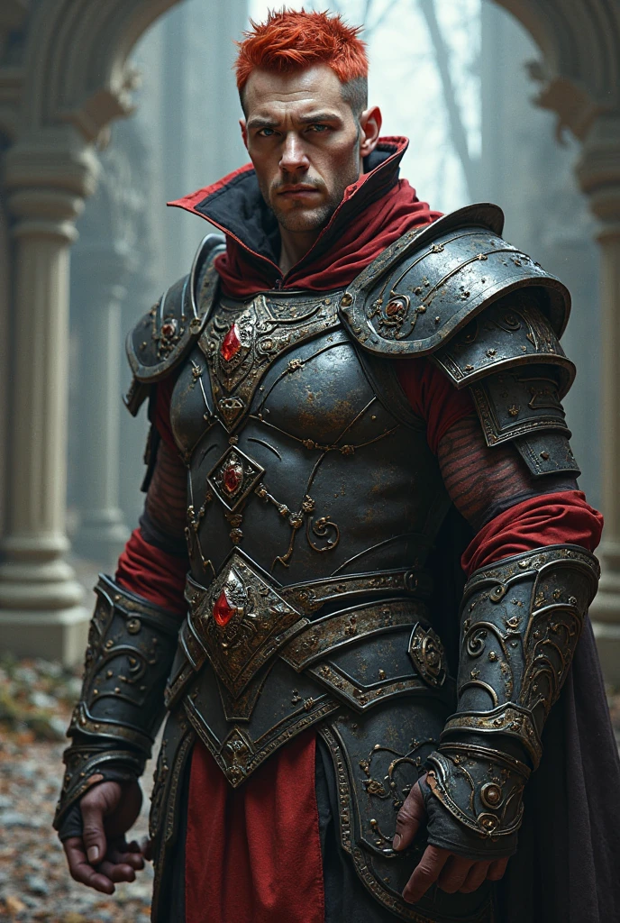 Boys in 8K resolution(full body Esbian:1.3)shots、splashart、Fantastic cartoon style、Photorealistic and adult male appearance、Anatomical Photorealistic Digital Painting(shoun:1.3)Portrait of an adult man(shoun:1.3)Red and black complex(heavily armored:1.3)And white short-cut hair(Dark and moody universe:1.3)、Black clothe,light particules、highlydetailed skin、Demon Slayer、extremely detailed eye、 (Elden Ring-style:1.1)、(warhammer style:1.3)、Concept Artist、globalillumination、depth of fields、splashart、art by:artgerm、by Greg Rutkowsky、viktoria gavrilenko,Has a very large sword