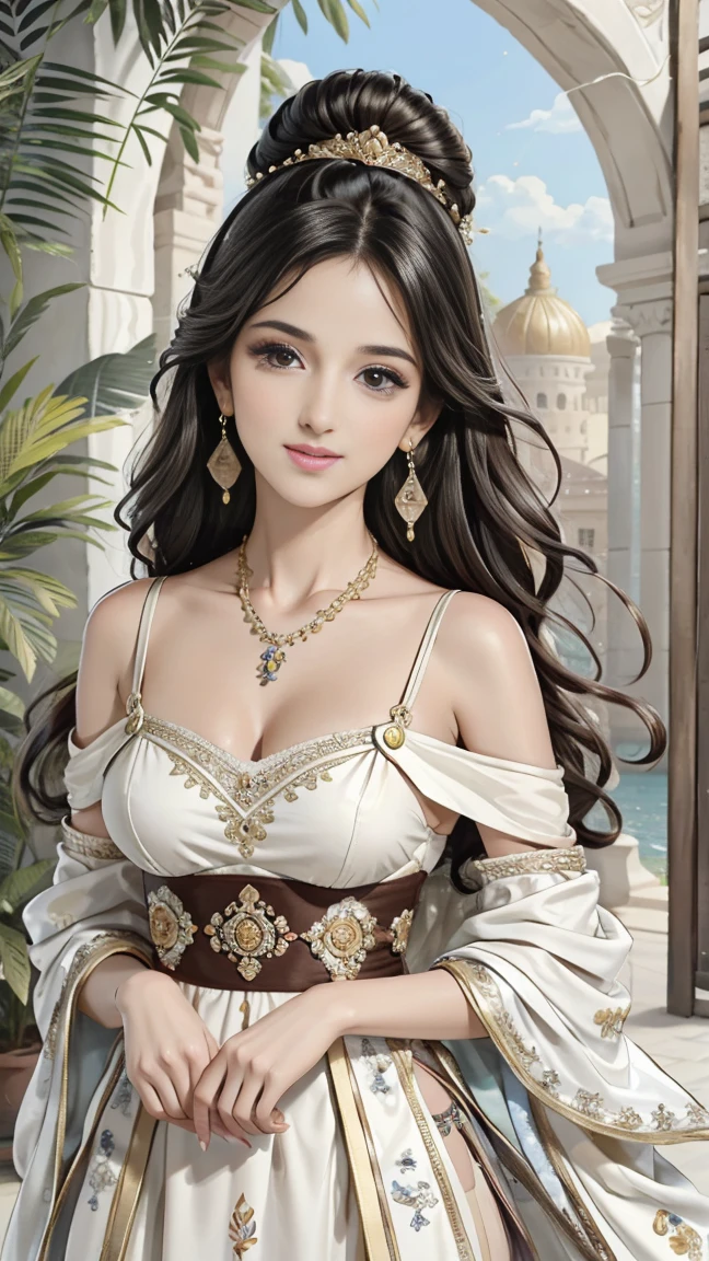 ( Absurd, High quality, ultra-detailed, masterpiece, concept art, smooth, highly detailed artwork, hyper-realistic painting ) ,Goddess, Greek mythology, Aphrodite, captivating and enchanting, commanding attention wherever she went, breathtakingly beautiful goddess with flawless features, skin was described as radiant and fair, often compared to the softness of freshly bloomed flowers, hair was a prominent aspect of her beauty. It was typically depicted as lustrous and flowing, often cascading in waves or curls down her shoulders and back, eyes were described as enchanting and alluring, drawing others in with their depth and intensity. Aphrodite’s gaze had the power to captivate and inspire love in those who looked upon her, wearing elegant and ethereal garments. She adorned herself with exquisite jewelry, including necklaces, bracelets, and intricate accessories