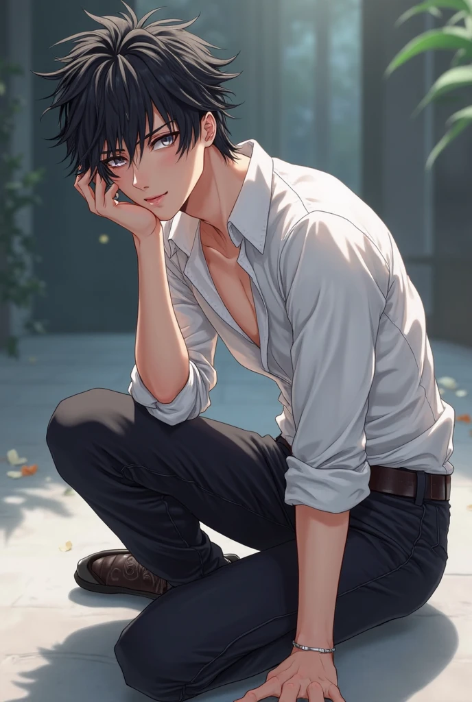 1 Japanese man,Age 26,black hair,White long-sleeved shirt with folded sleeves,necklace,Black trousers,black socks,black shoes,behind,1 Shukaku tail
